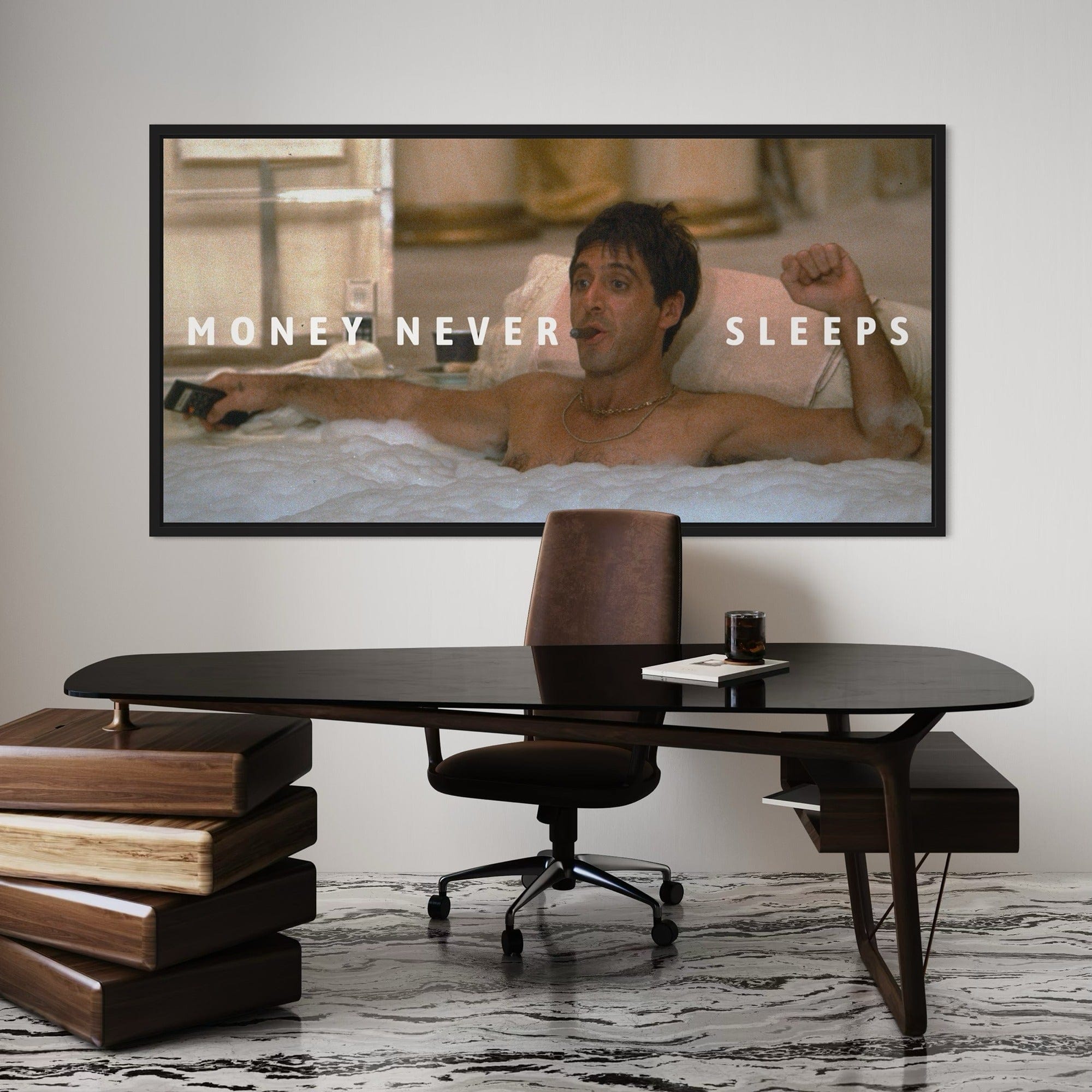 Money Never Sleeps canvas artwork – inspirational quote wall art with iconic Tony Montana character