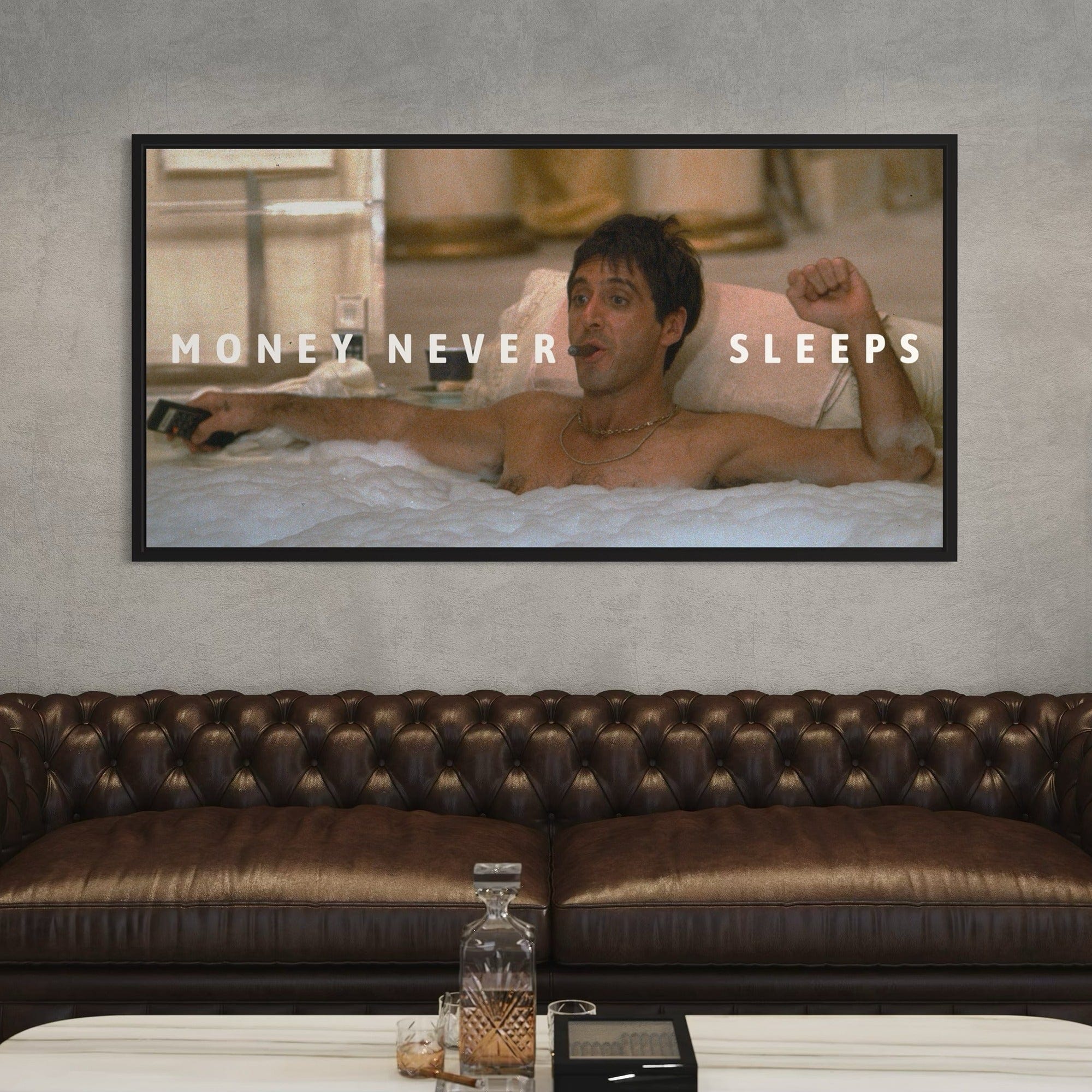 Money Never Sleeps large canvas print – statement wall art featuring Tony Montana on canvas