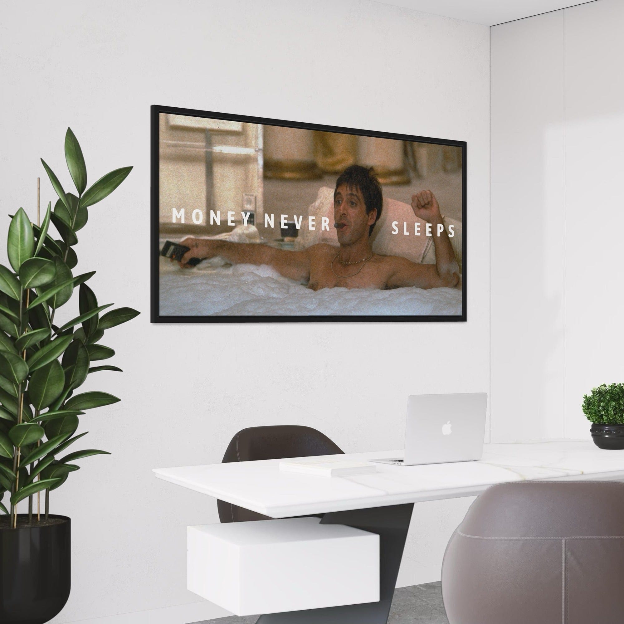 Money Never Sleeps large canvas print – statement wall art for home or workspace