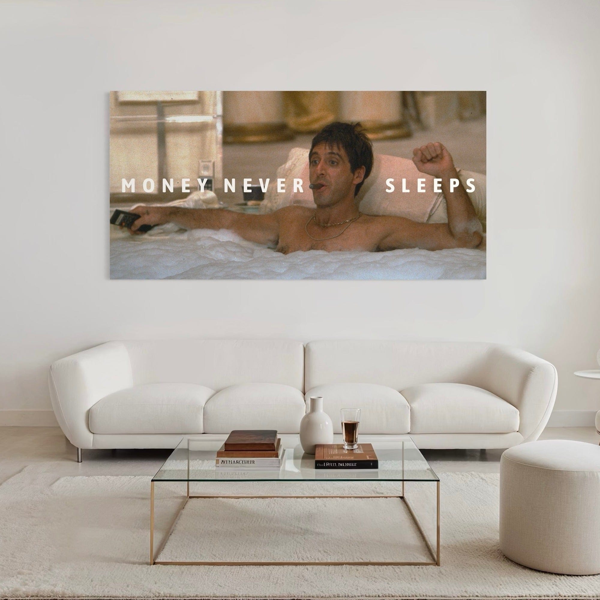 Money Never Sleeps canvas painting – premium wall art portraying Tony Montana from Scarface