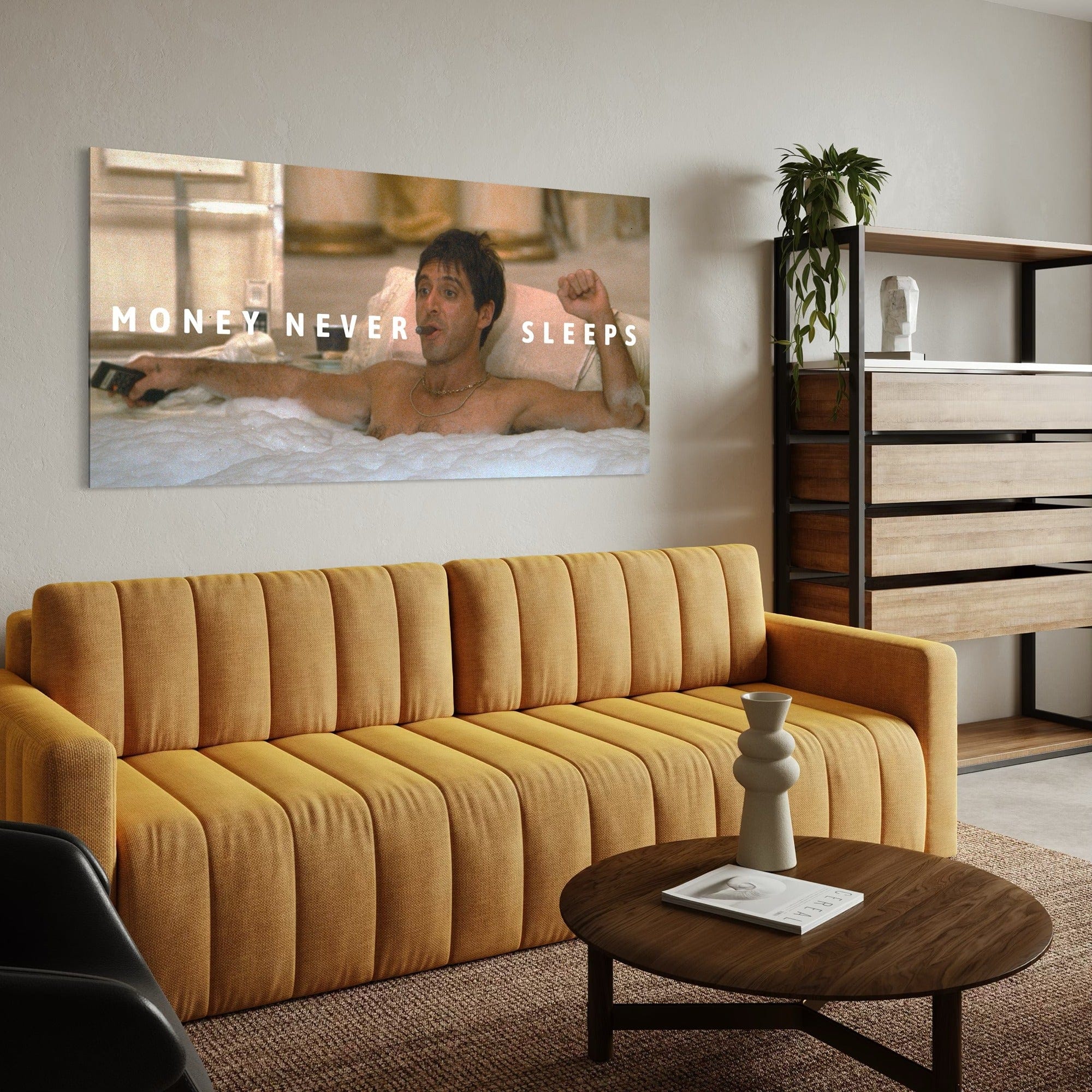Money Never Sleeps motivational wall art – cinematic-inspired canvas decoration with Tony Montana image