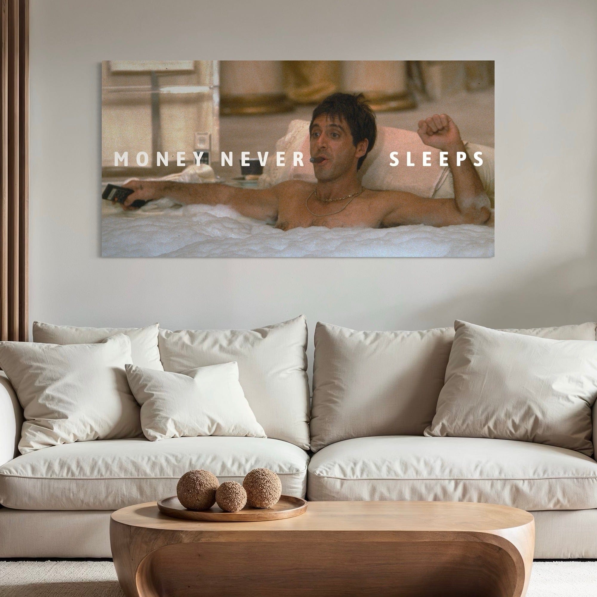 Money Never Sleeps decorative canvas art – luxury wall decor showcasing Tony Montana character