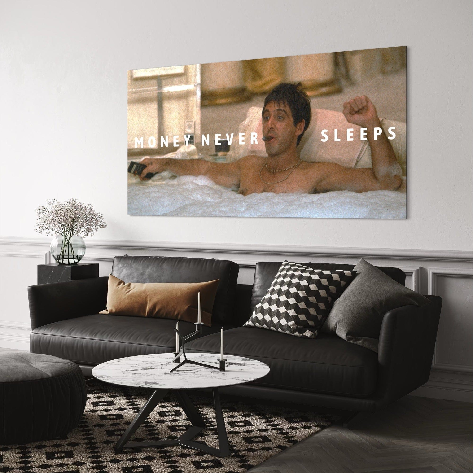 Money Never Sleeps wall decor – motivational canvas print for contemporary interiors