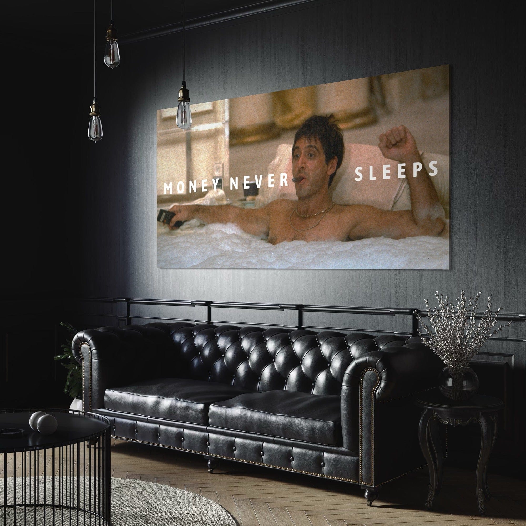 Money Never Sleeps wall decor – motivational canvas print inspired by Scarface Tony Montana