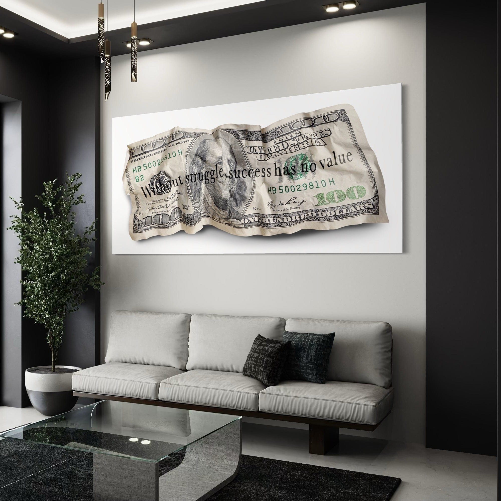 Sofa in a modern living room with a dollar bill artwork on the wall.