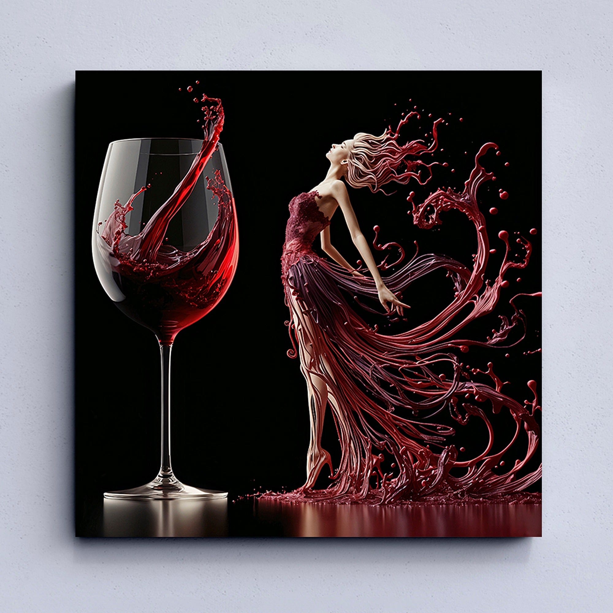 Red wine canvas wall art displayed in modern dining room interior