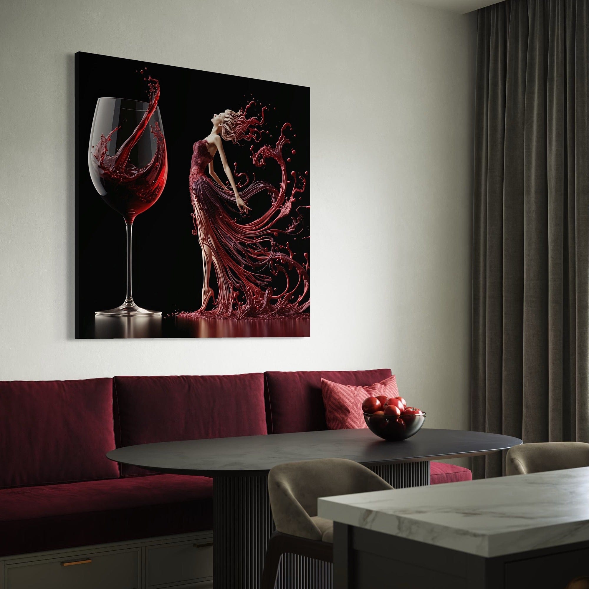 Framed wine themed artwork displayed above contemporary dining table