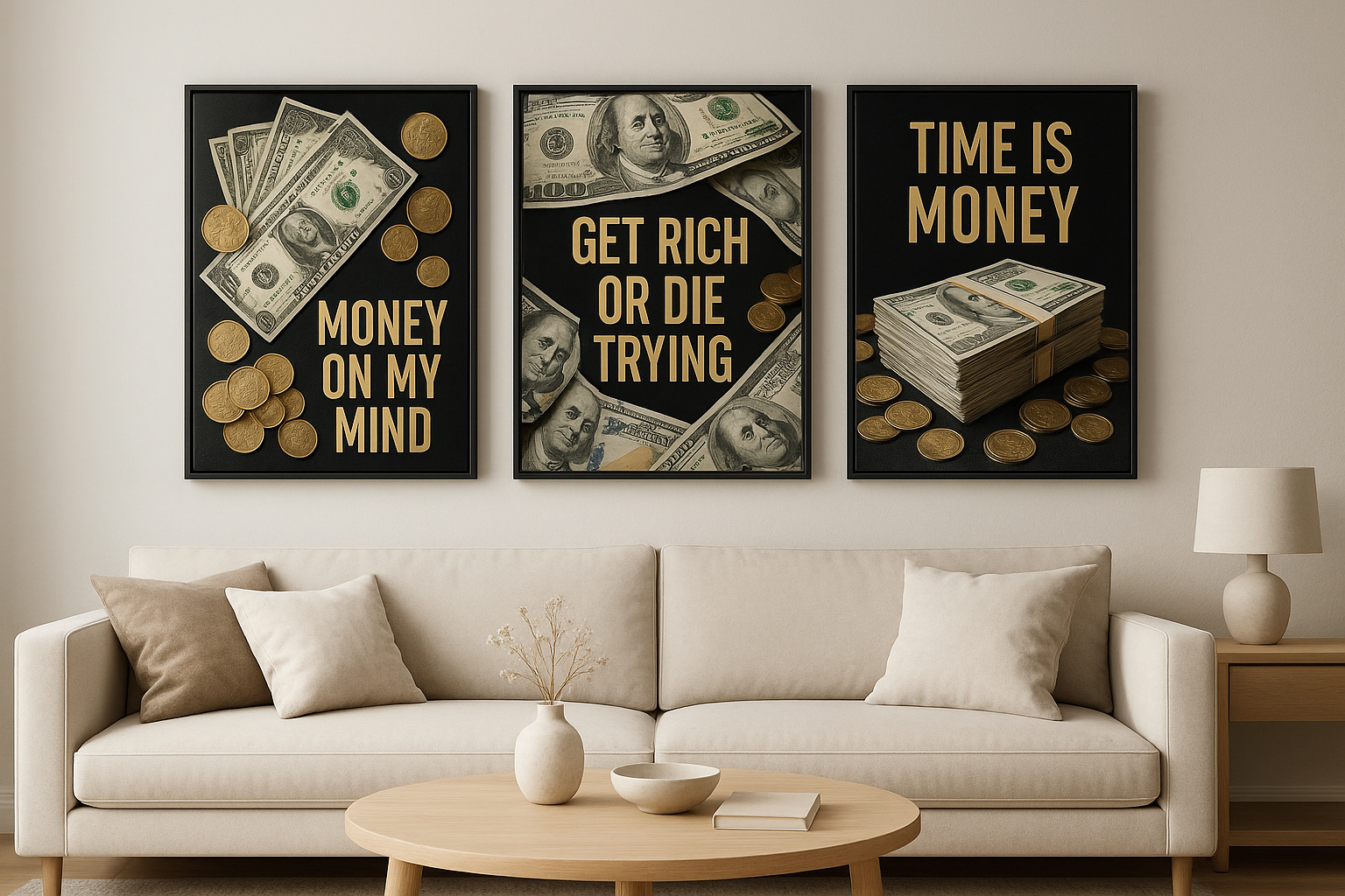 Black and gold money canvas wall art set with dollar bills and motivational quotes above a modern beige sofa — luxury living room decor