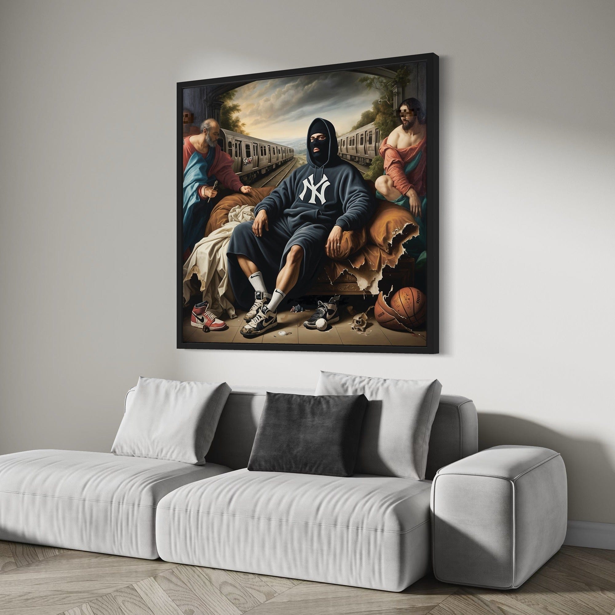 Modern apartment interior mockup with urban culture wall decor