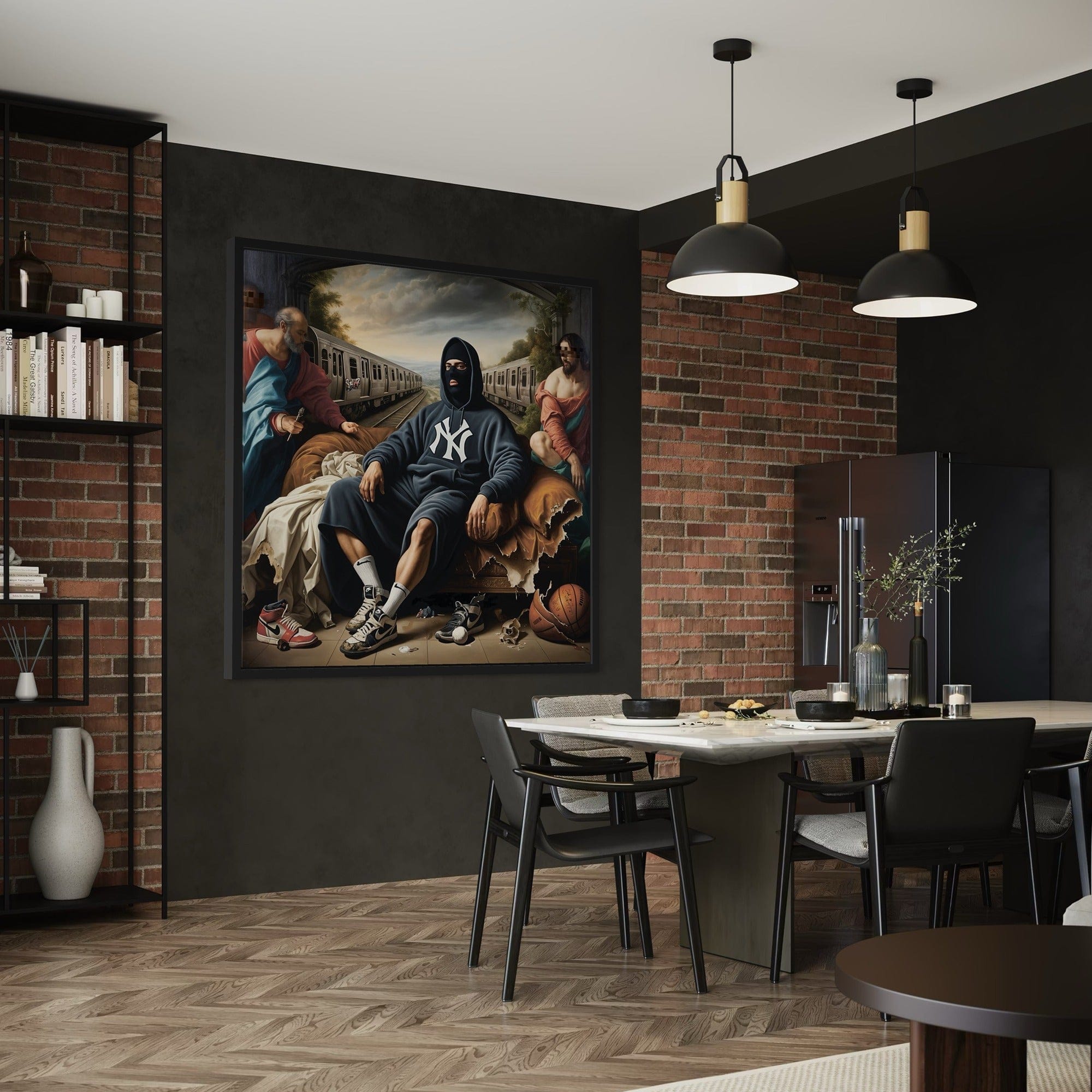 Creative office setup featuring contemporary street art canvas print