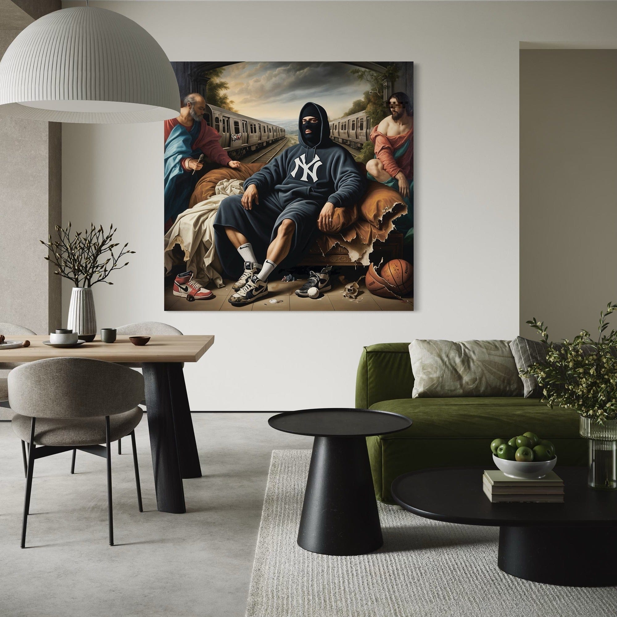 Framed contemporary street art canvas displayed above modern sofa
