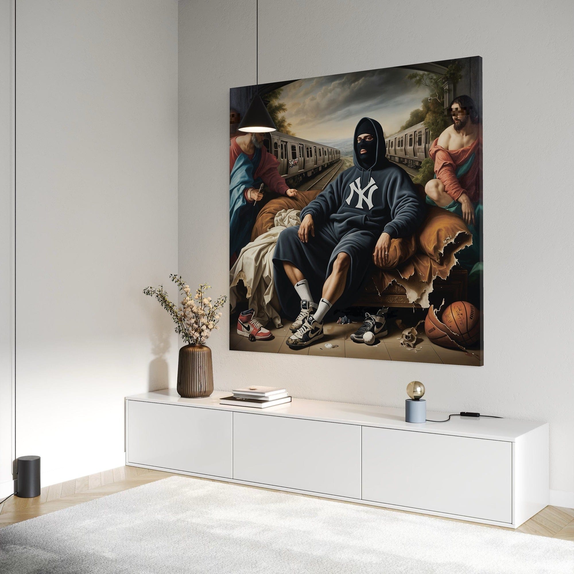 Side angle view of urban culture canvas wall decor with subway background