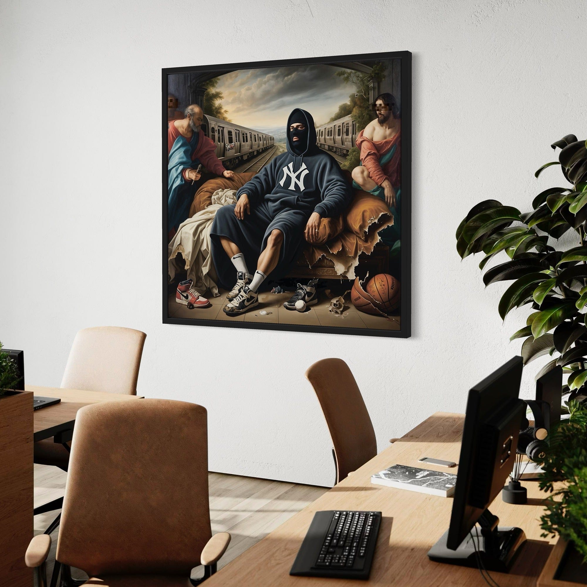 Large modern street art canvas showing scale above contemporary couch