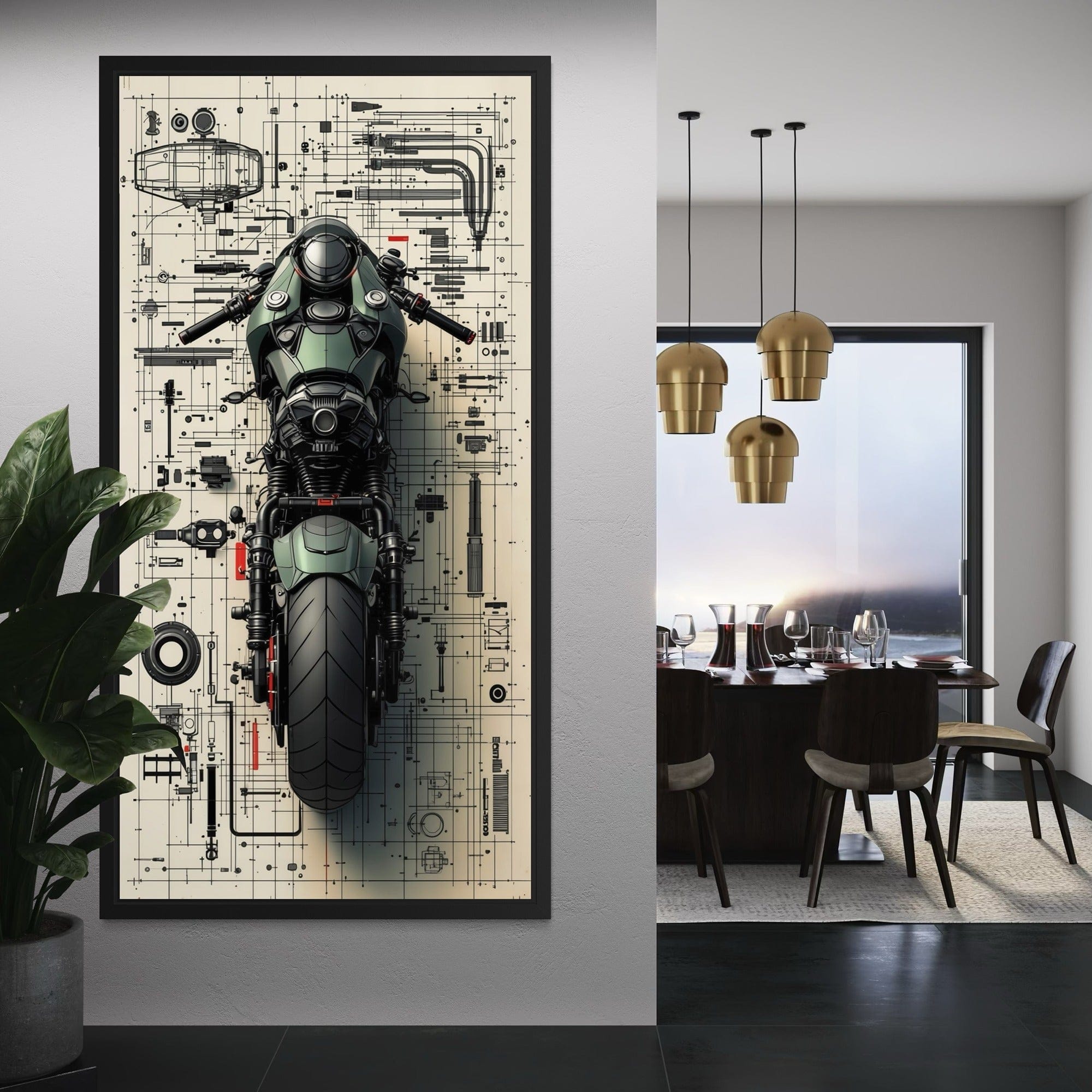 Cafe racer style motorcycle technical drawing