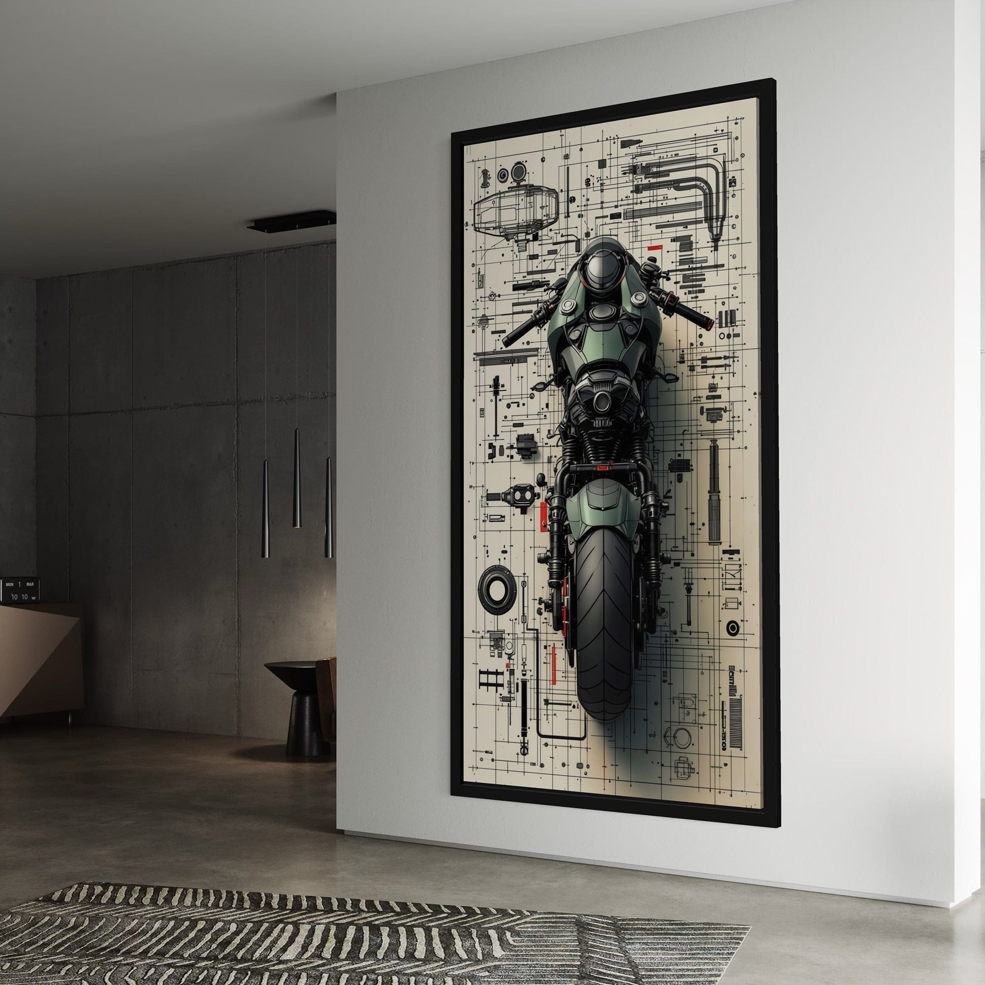 Workshop wall art motorcycle components chart