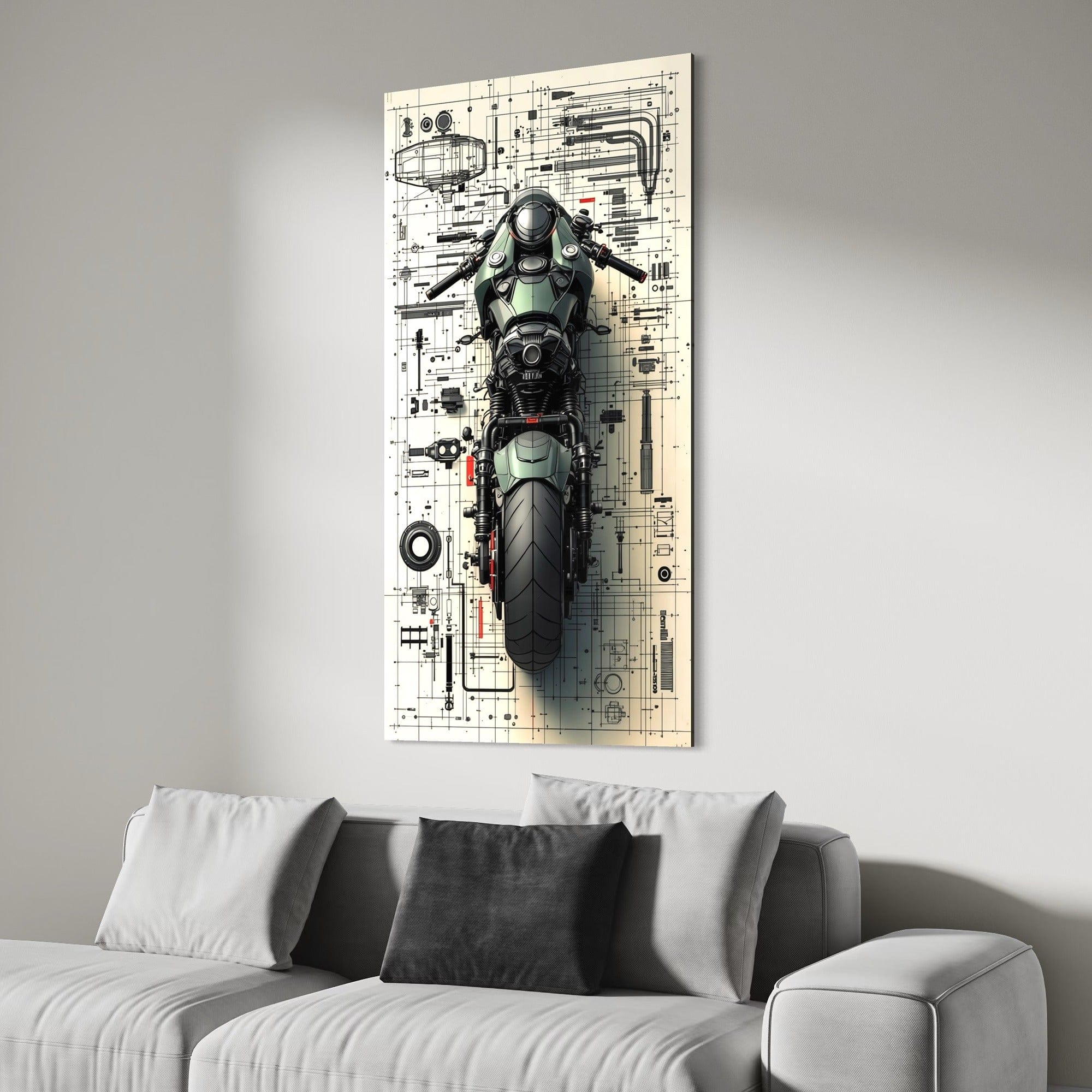 Industrial garage decor bike blueprint art