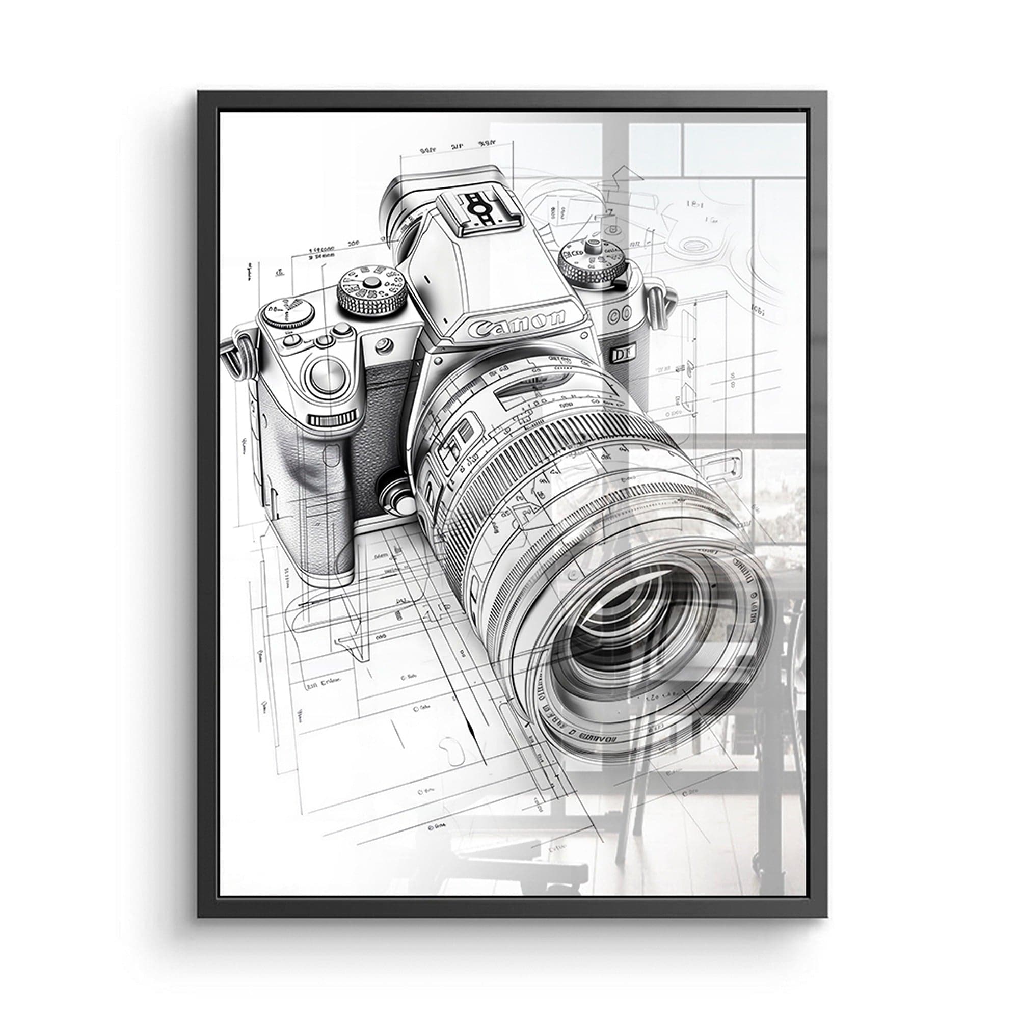 Monochrome line art DSLR camera over technical schematics