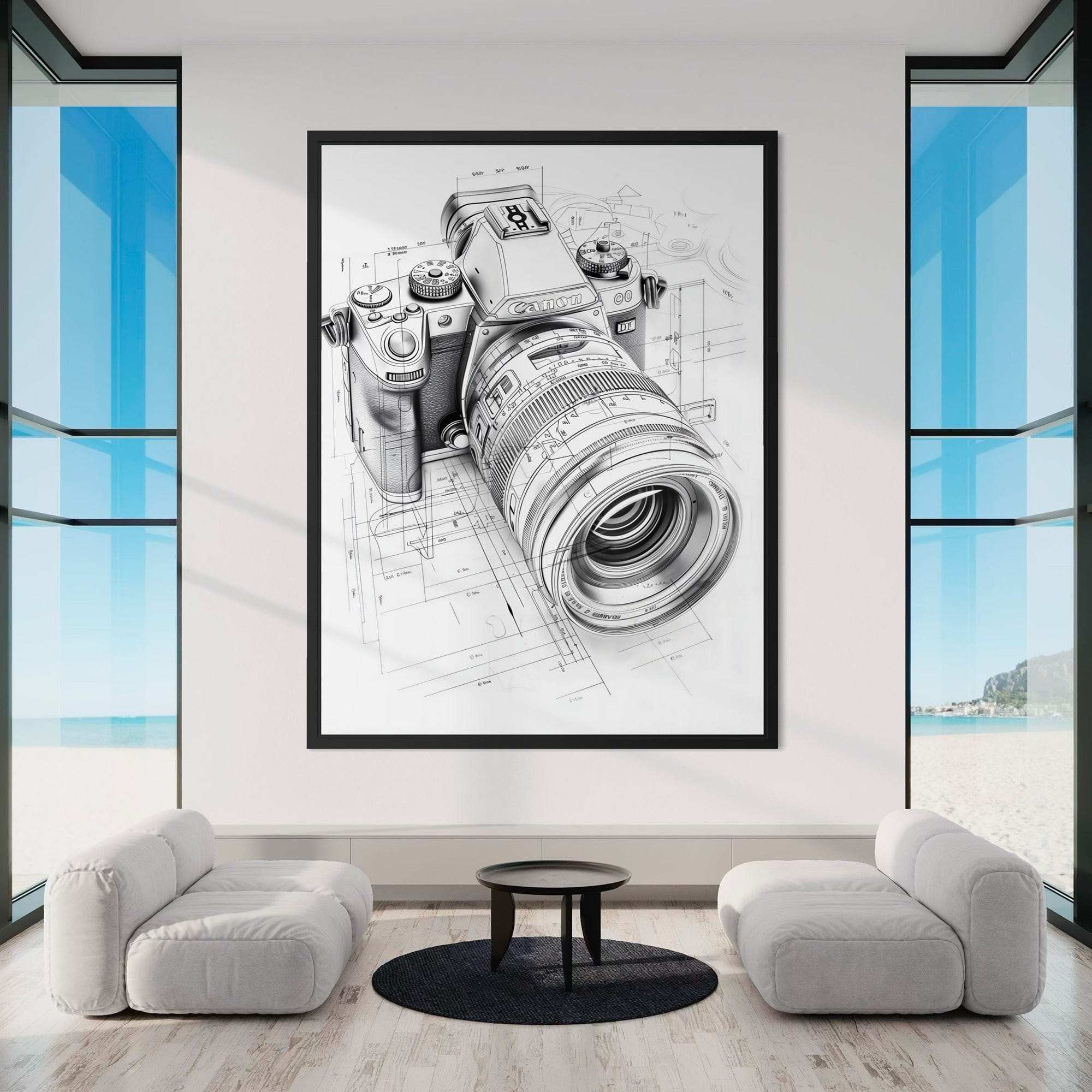 Close-up of lens rings and markings on camera drawing canvas