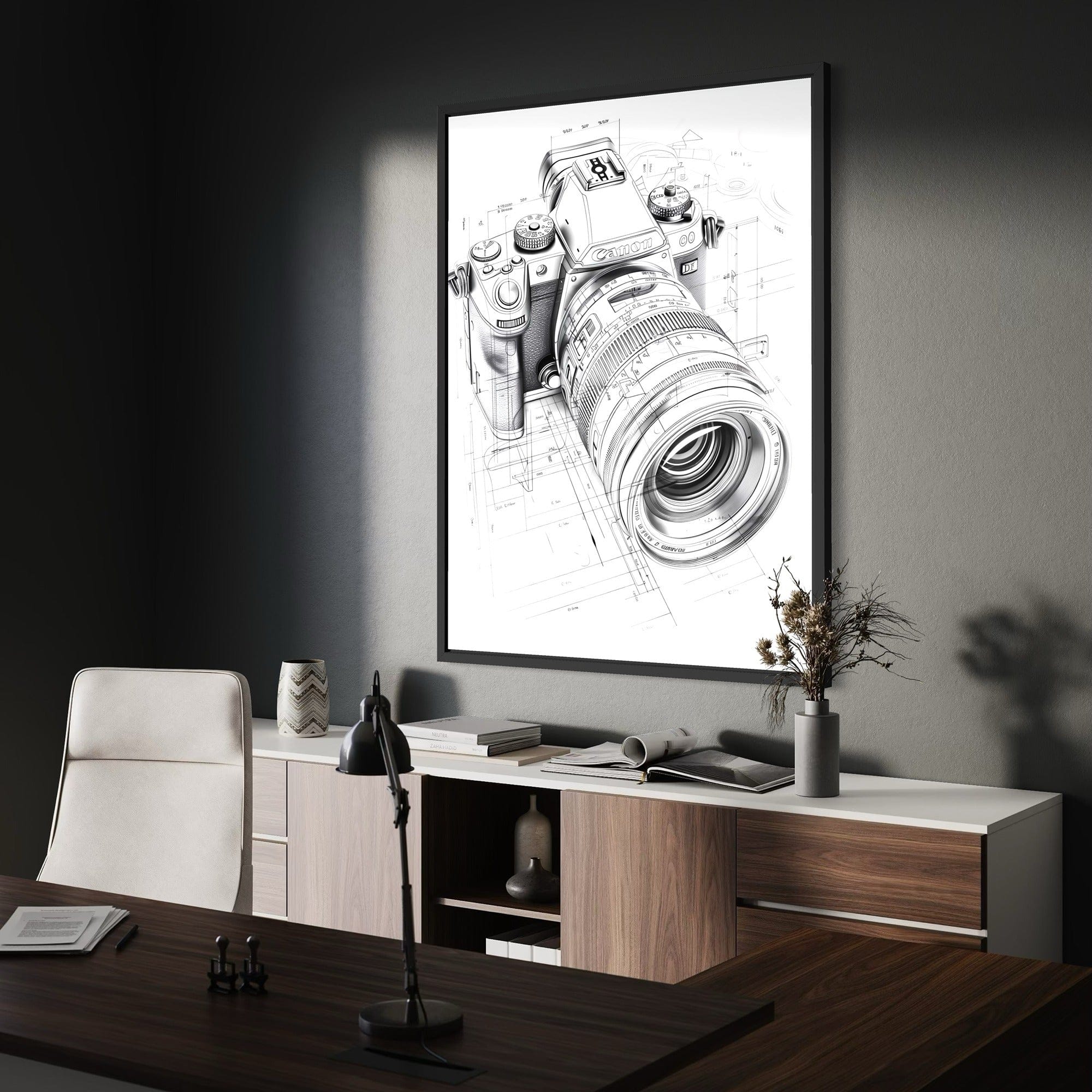 Side angle view of camera blueprint canvas print