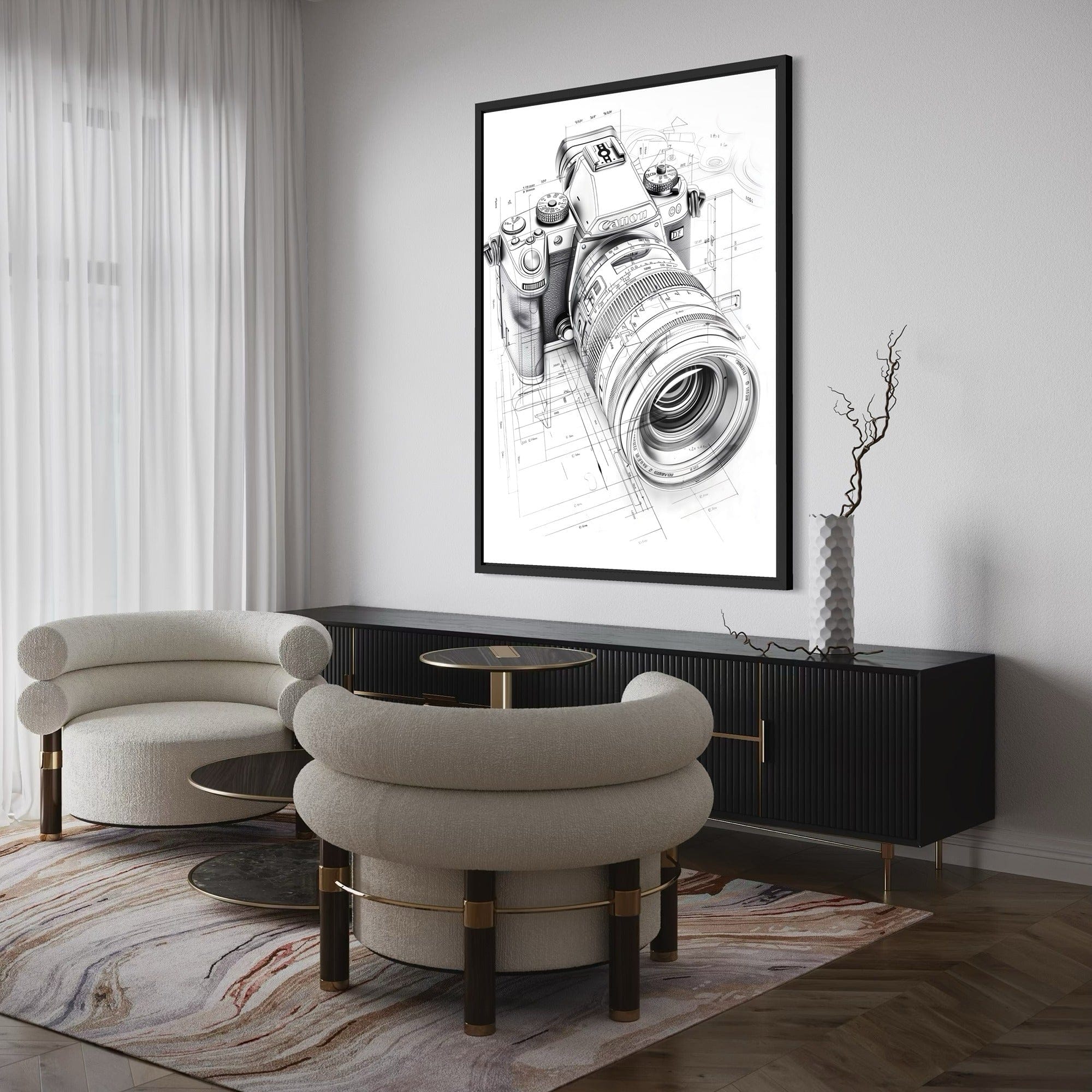 Minimal white background technical camera illustration canvas