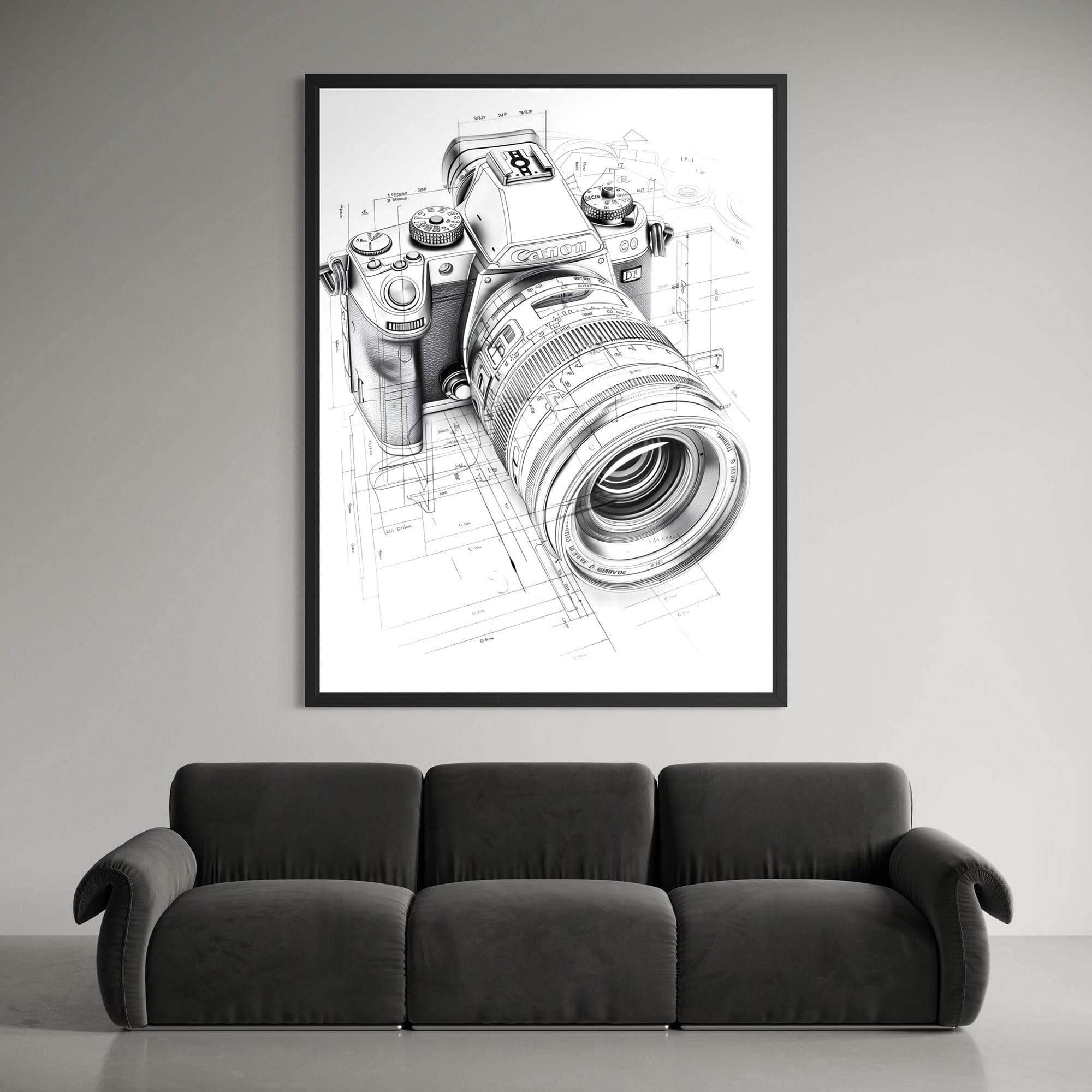 Framed camera technical sketch on studio wall