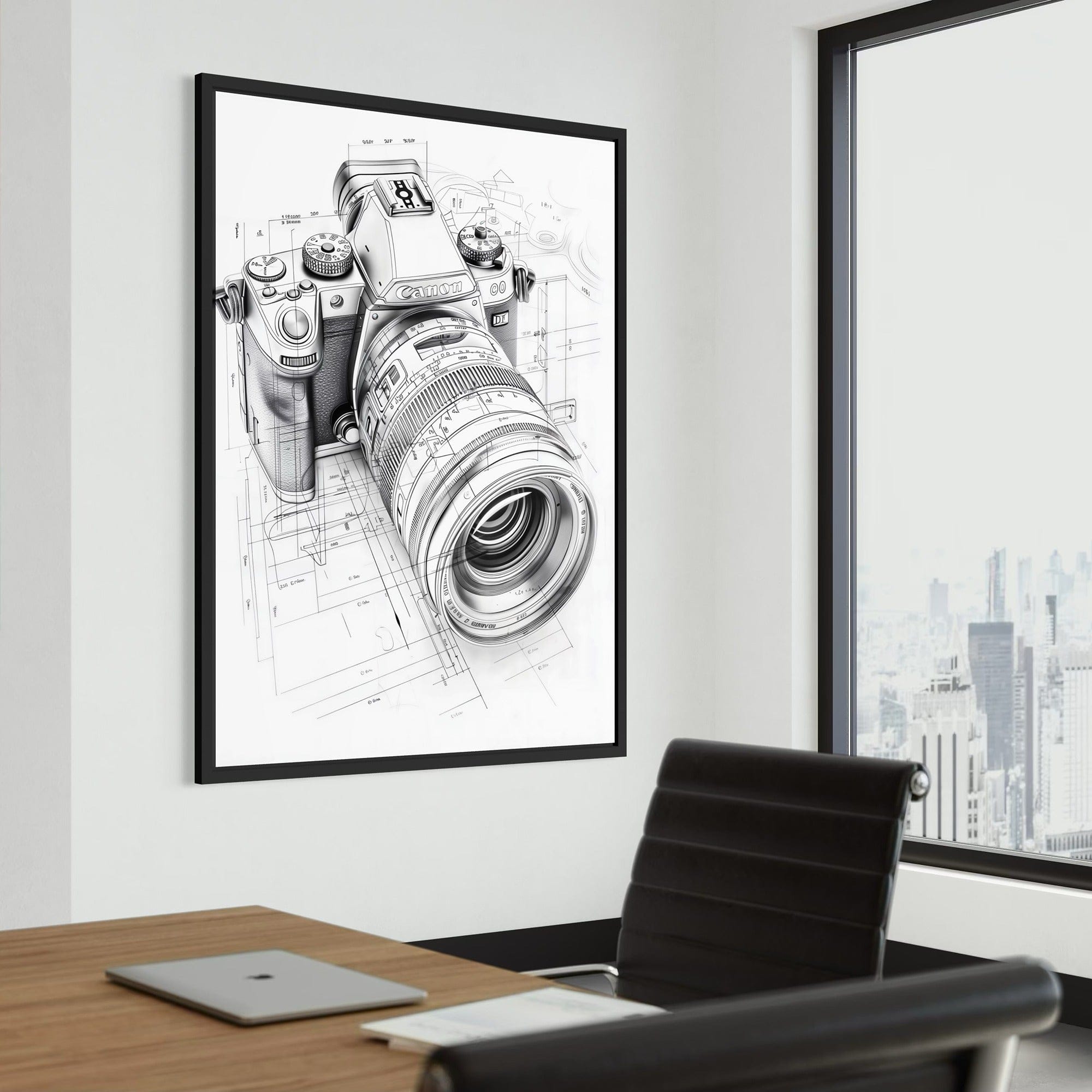 Living room mockup with camera blueprint wall art