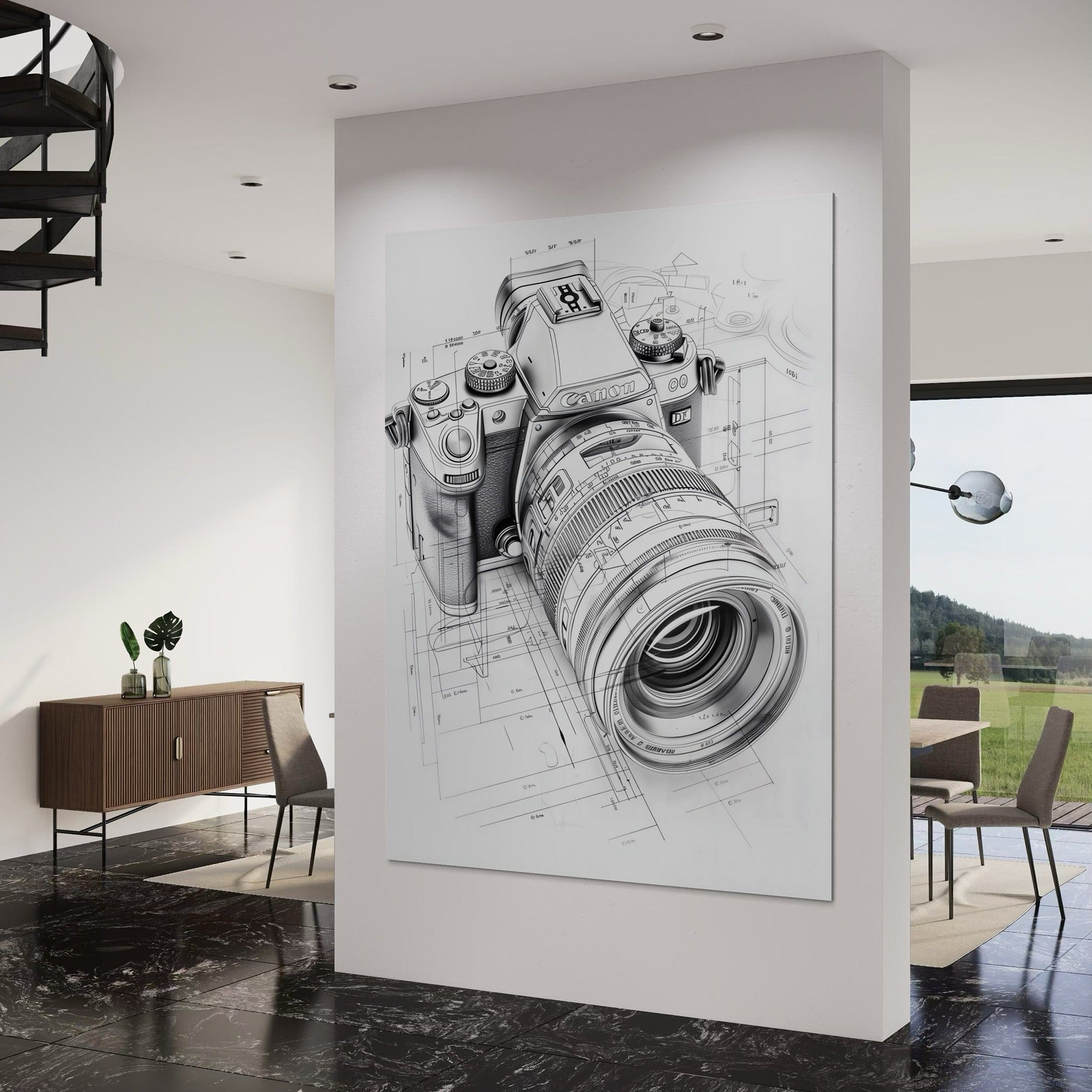 Gallery-wrapped edge detail of camera blueprint canvas