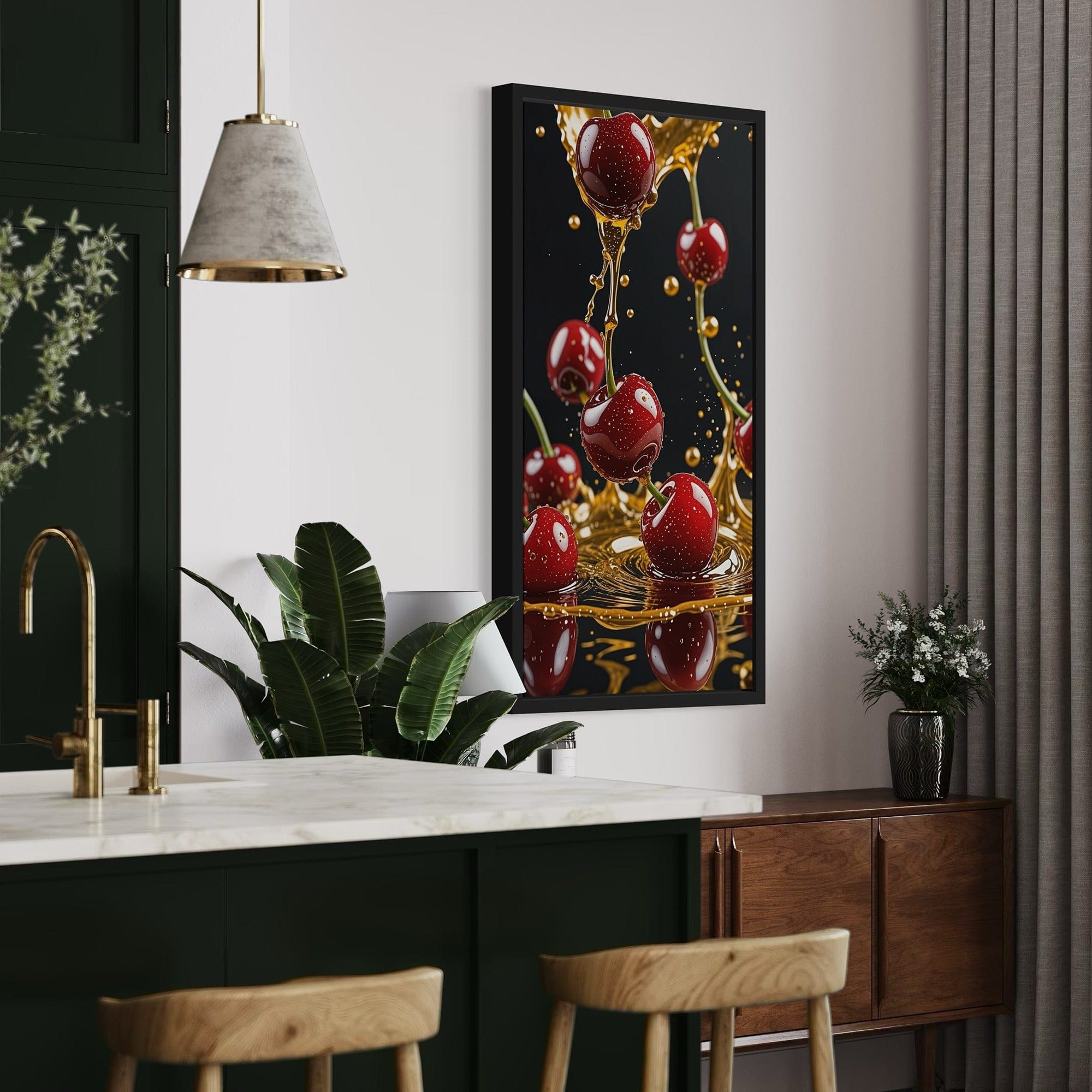 Café interior mockup with cherry honey splash wall art