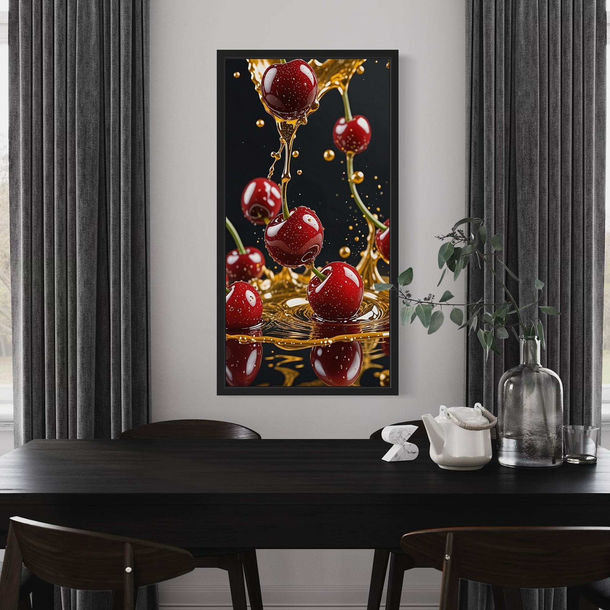 Close-up glossy cherries with golden honey on black background