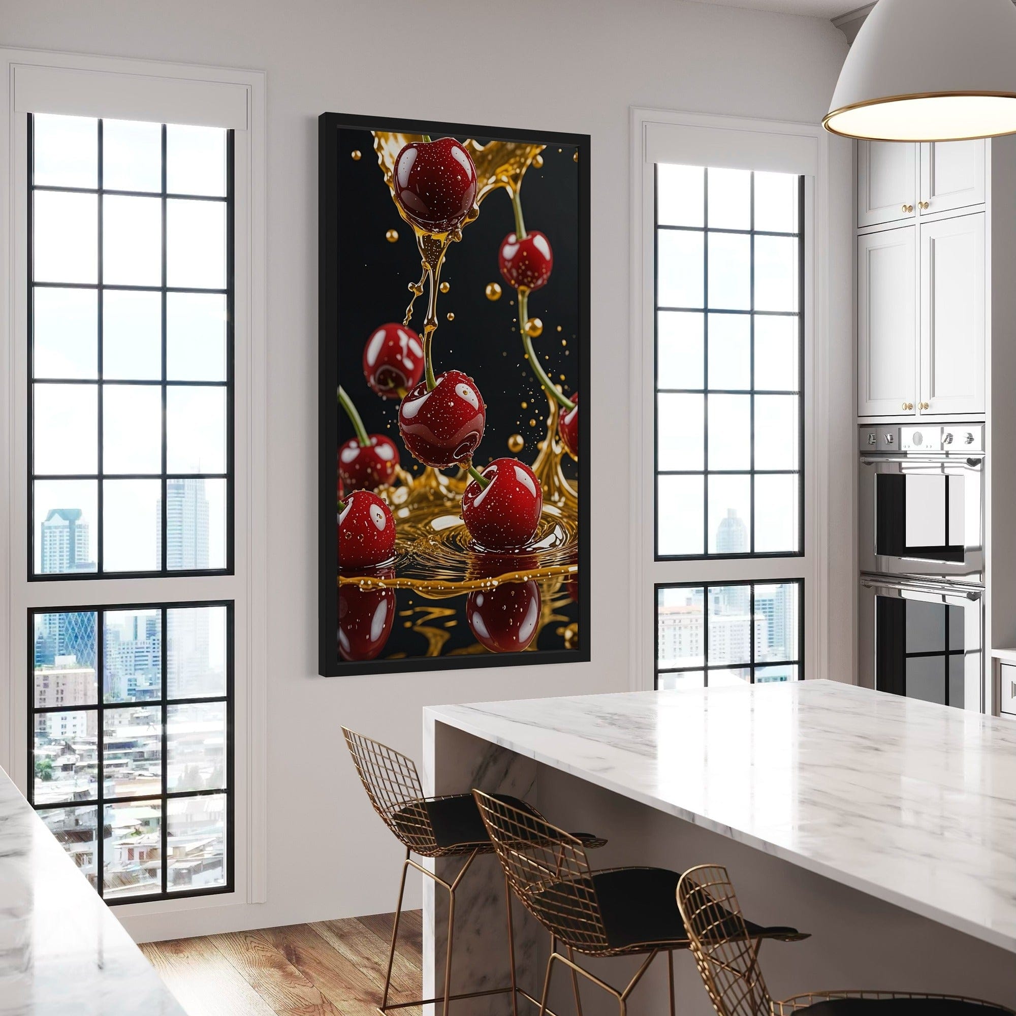 Detail shot of reflections on cherries and honey droplets