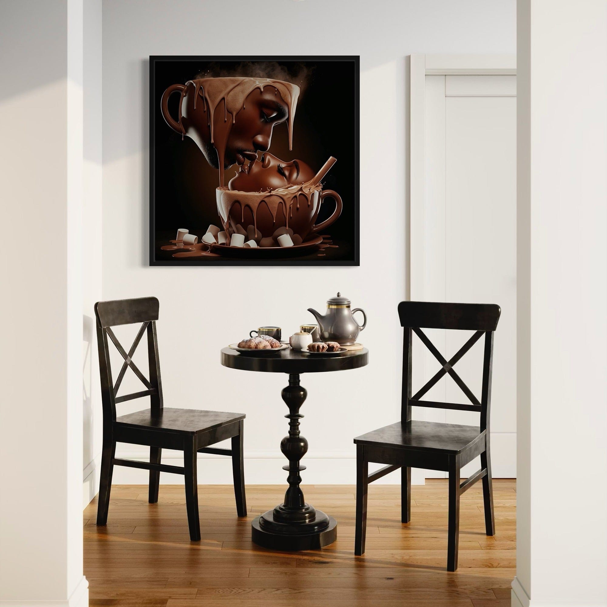 Modern kitchen decor featuring romantic coffee themed canvas artwork