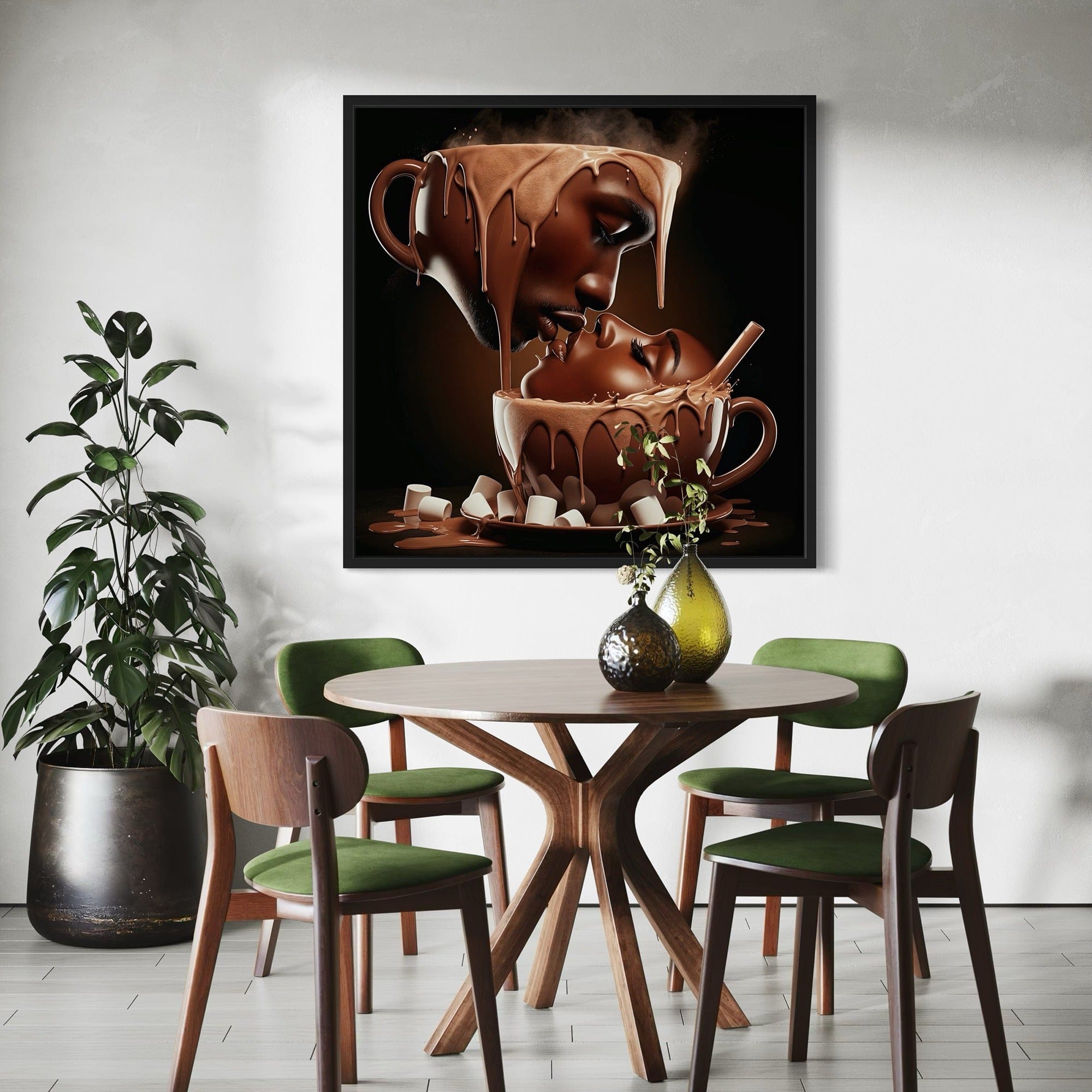Close up detail of melting chocolate coffee cups forming romantic couple canvas print