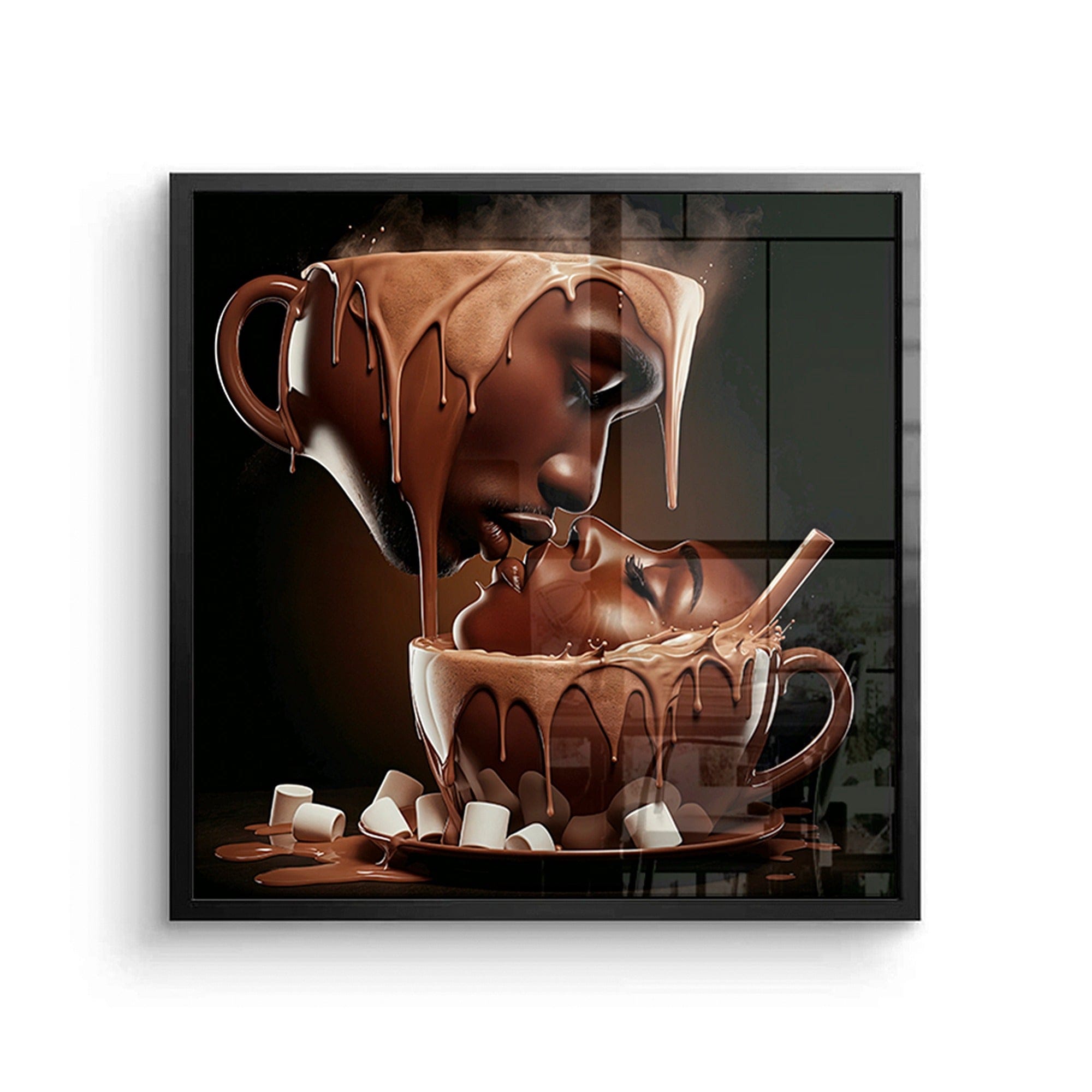 Framed romantic coffee artwork displayed above contemporary dining table