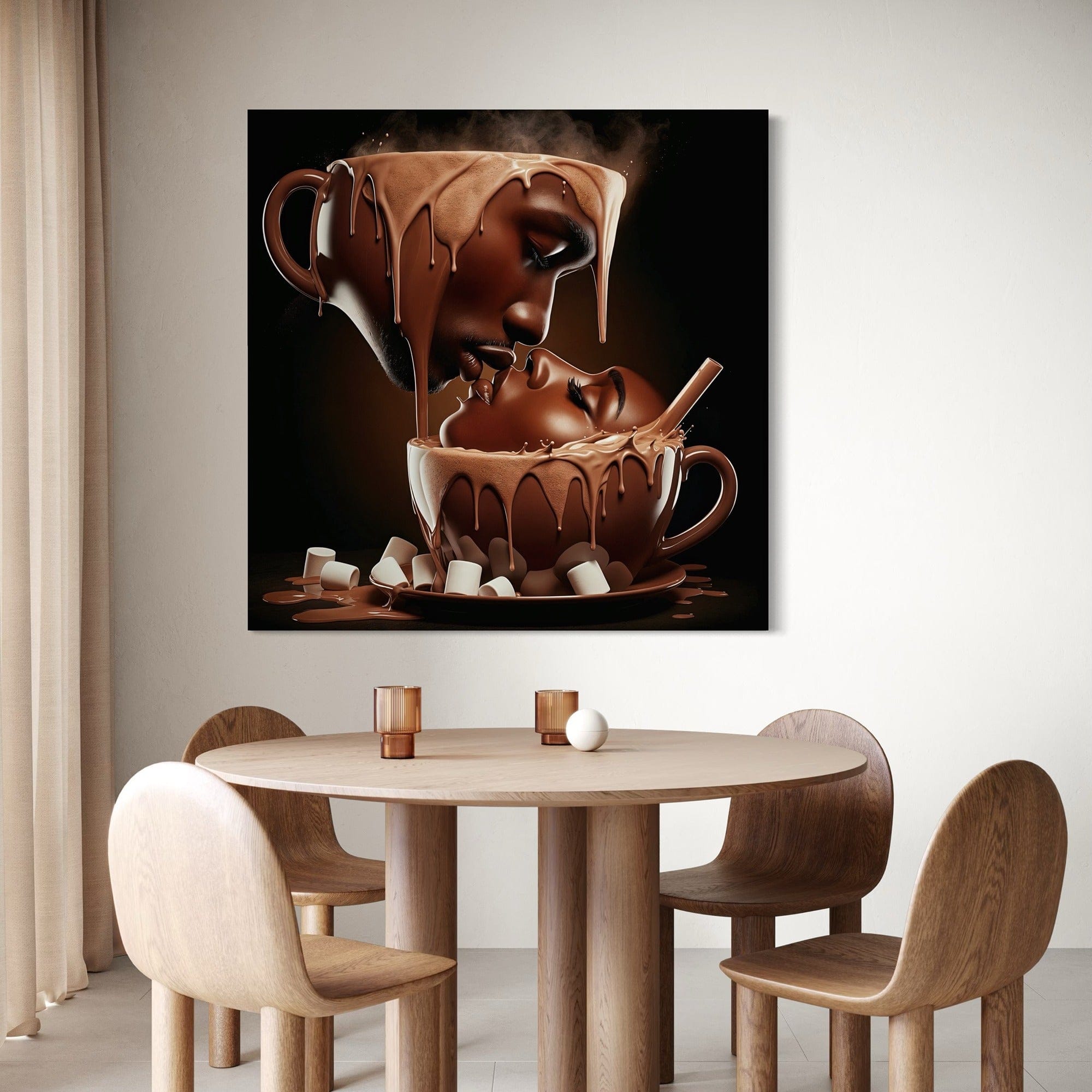 Detailed texture of dripping chocolate and coffee cup illustration on canvas