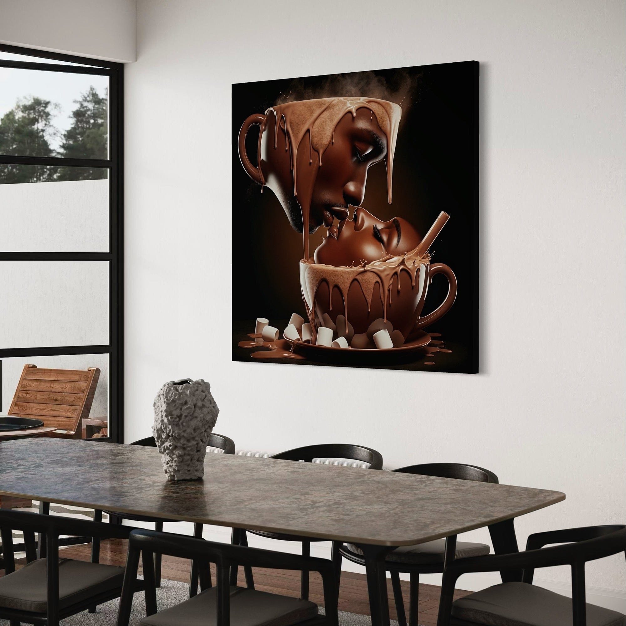 Large romantic coffee canvas art showing scale above modern dining setup