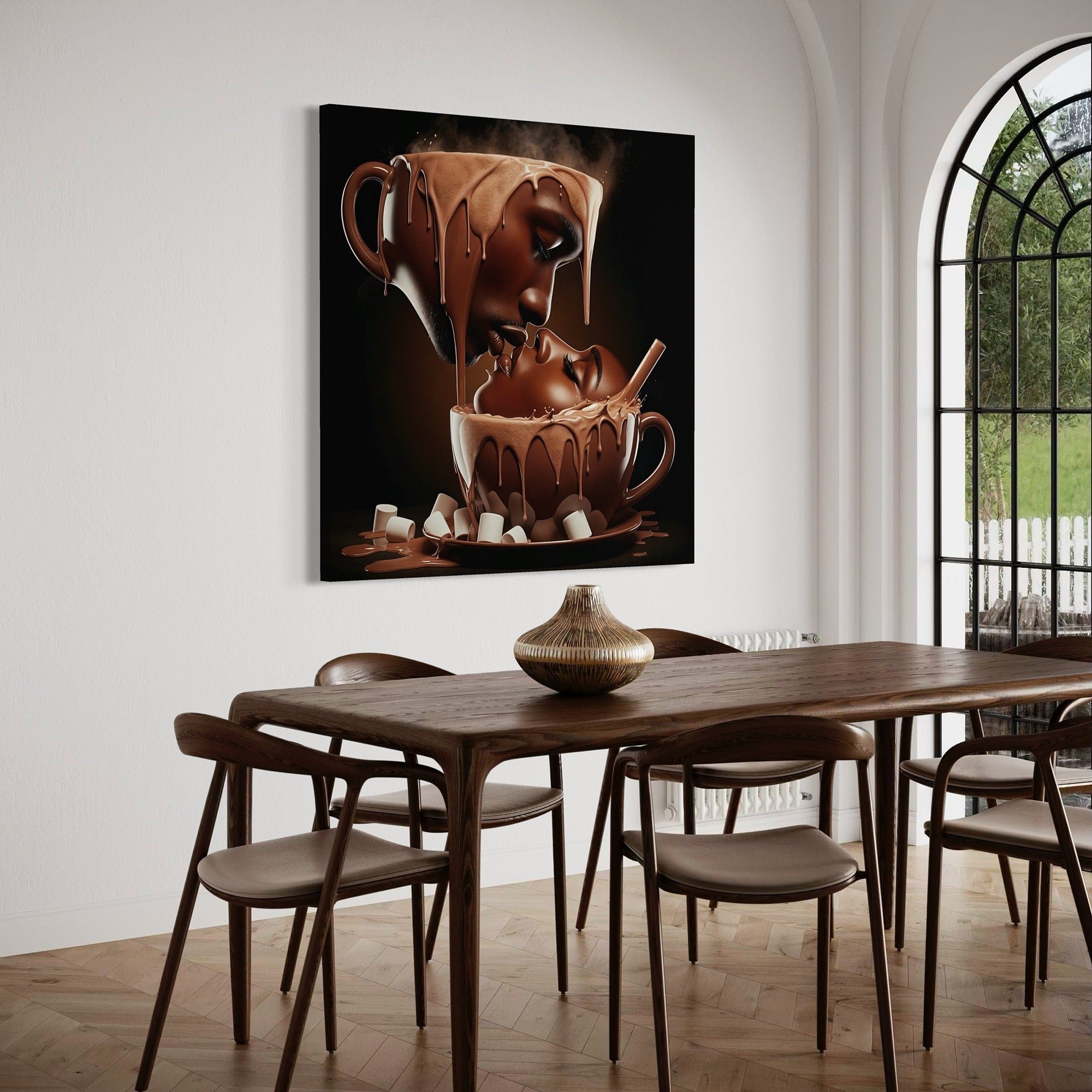 Stylish cafe interior mockup with chocolate coffee wall decor