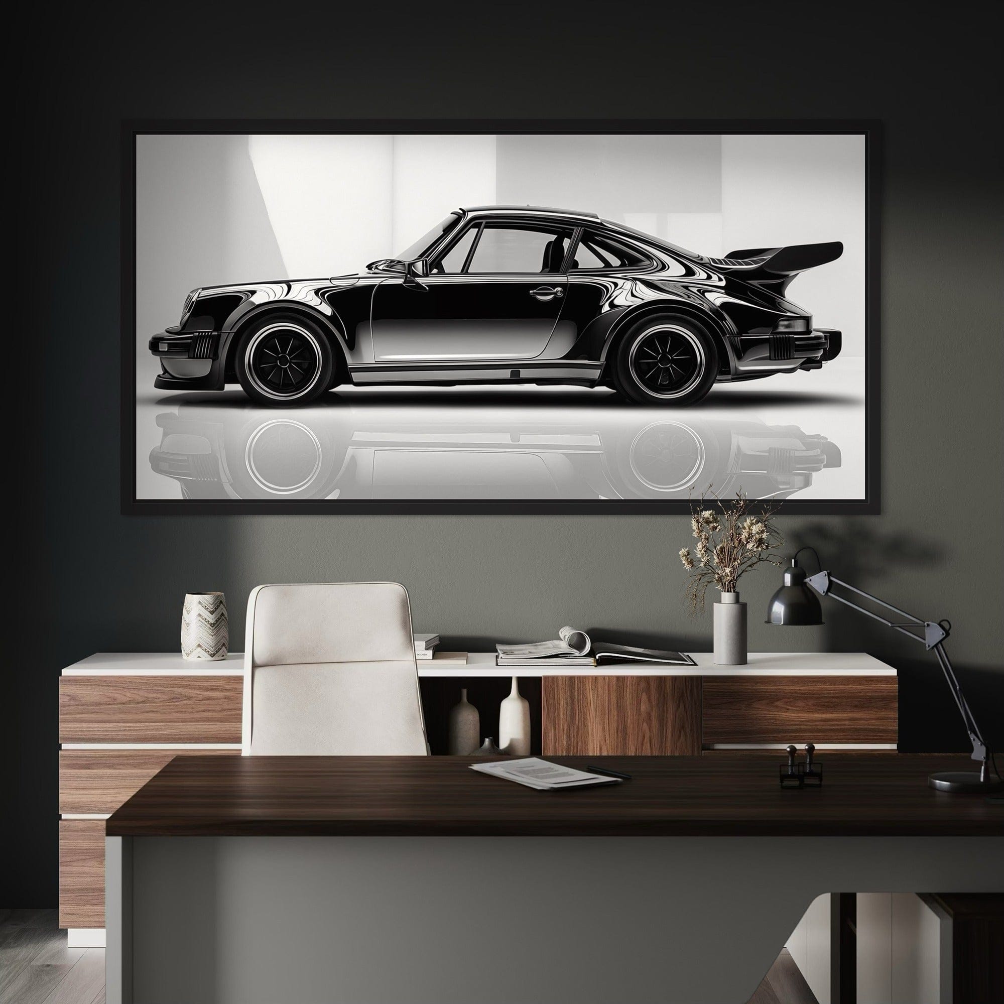 Detailed texture of black Porsche 911 body and wheels on canvas