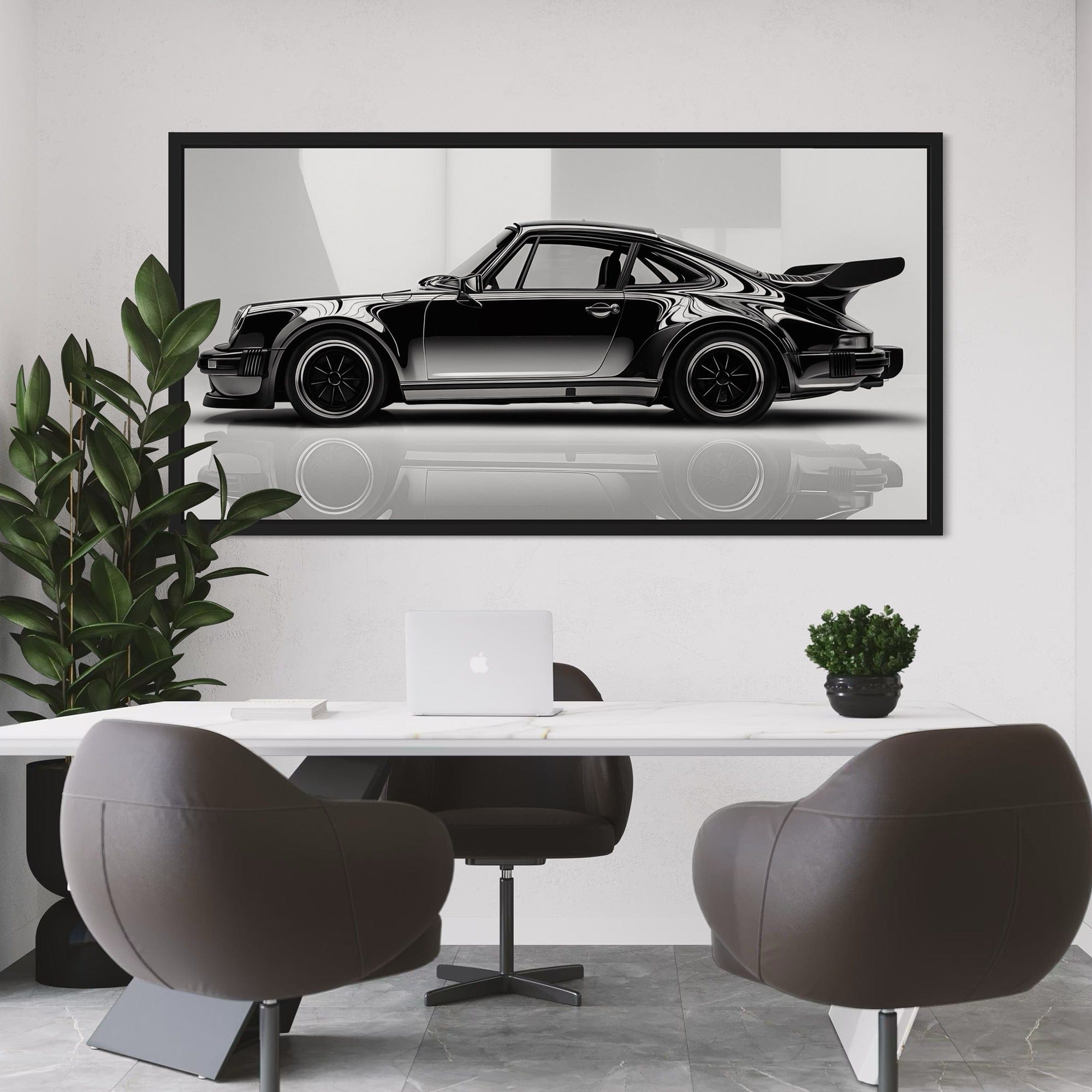 Large Porsche car canvas art showing scale above modern living room sofa