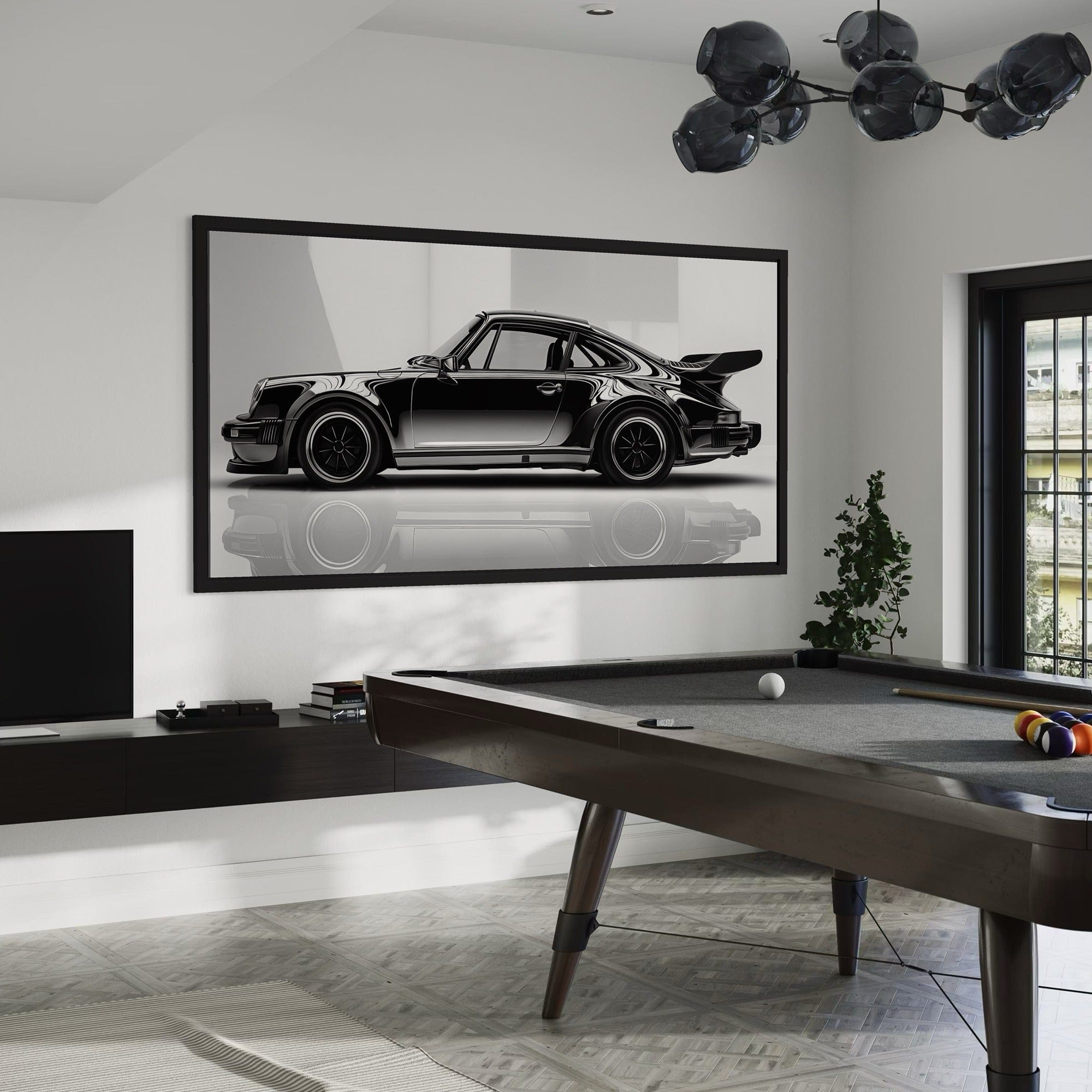 Modern garage interior mockup with luxury sports car wall decor