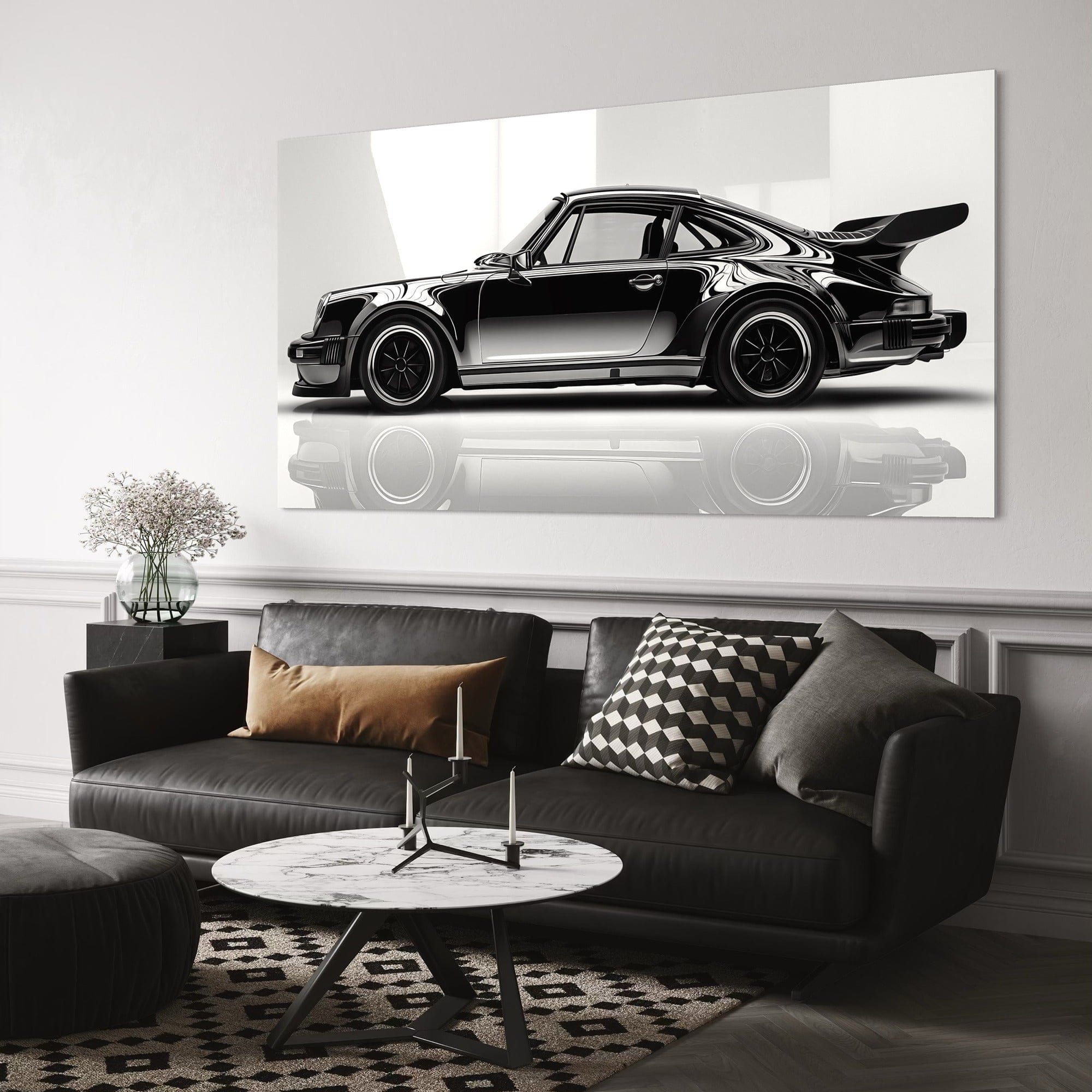 Framed luxury car artwork displayed above contemporary sofa setup
