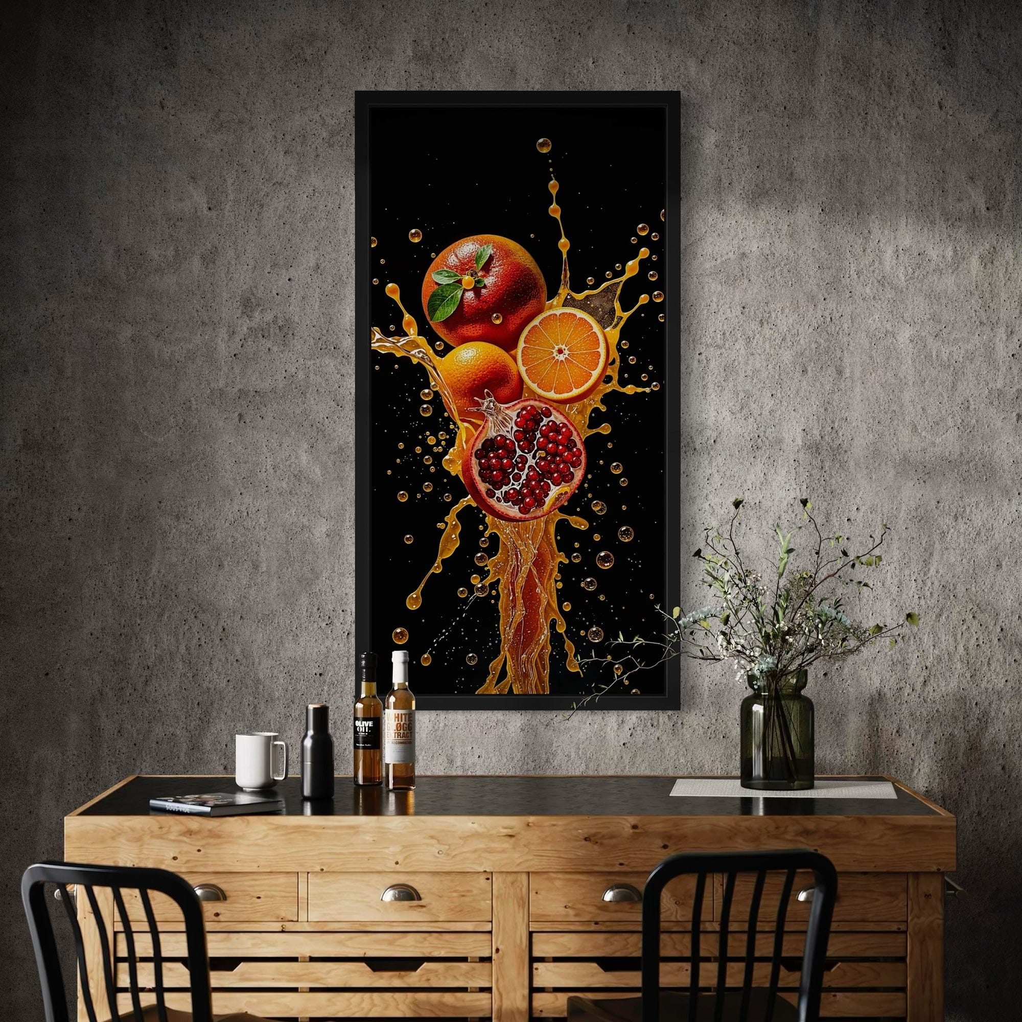 Side angle view of framed citrus splash artwork on the wall