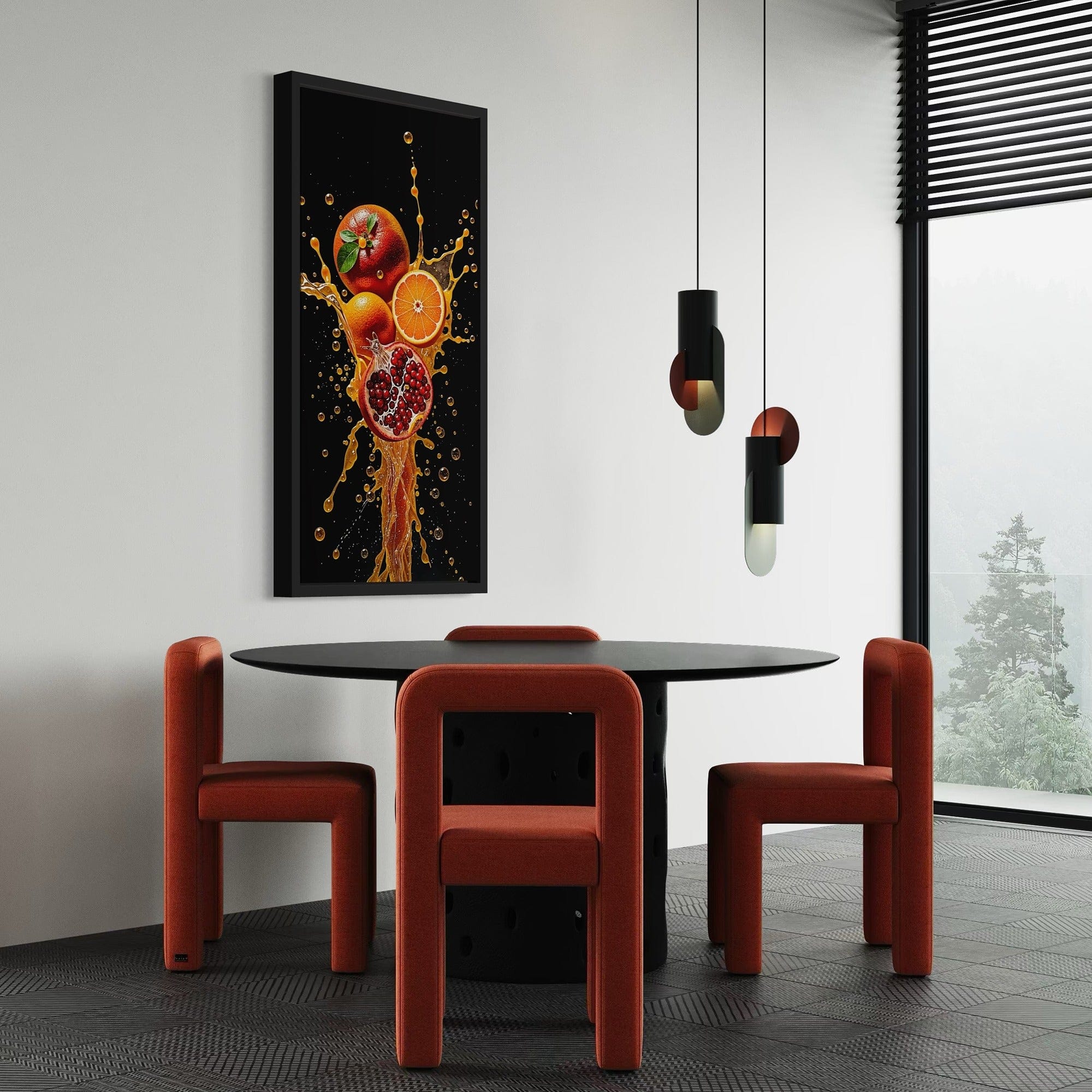 Gallery-wrapped canvas edges with citrus and juice droplets detail