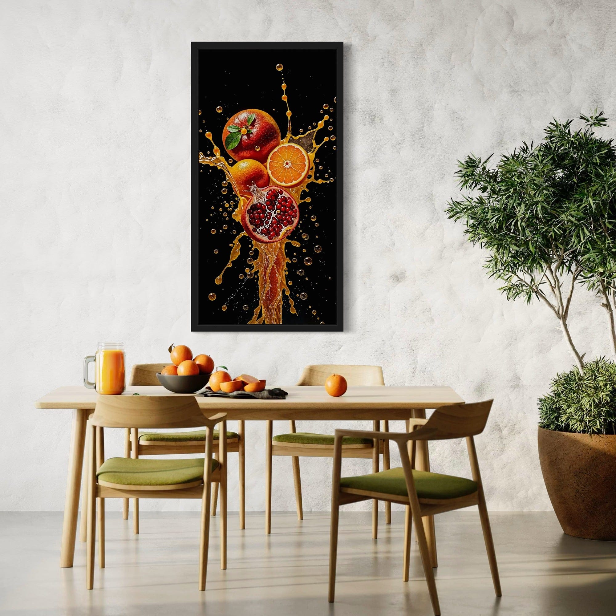 Cafe interior mockup featuring vibrant orange juice splash artwork