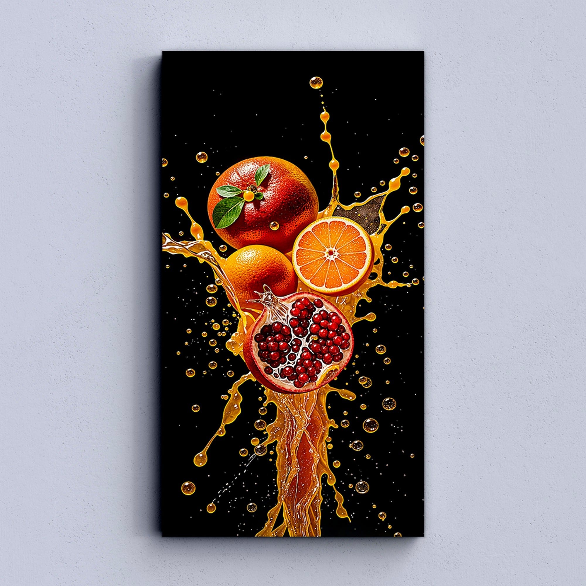 Citrus & pomegranate splash canvas wall art on black background