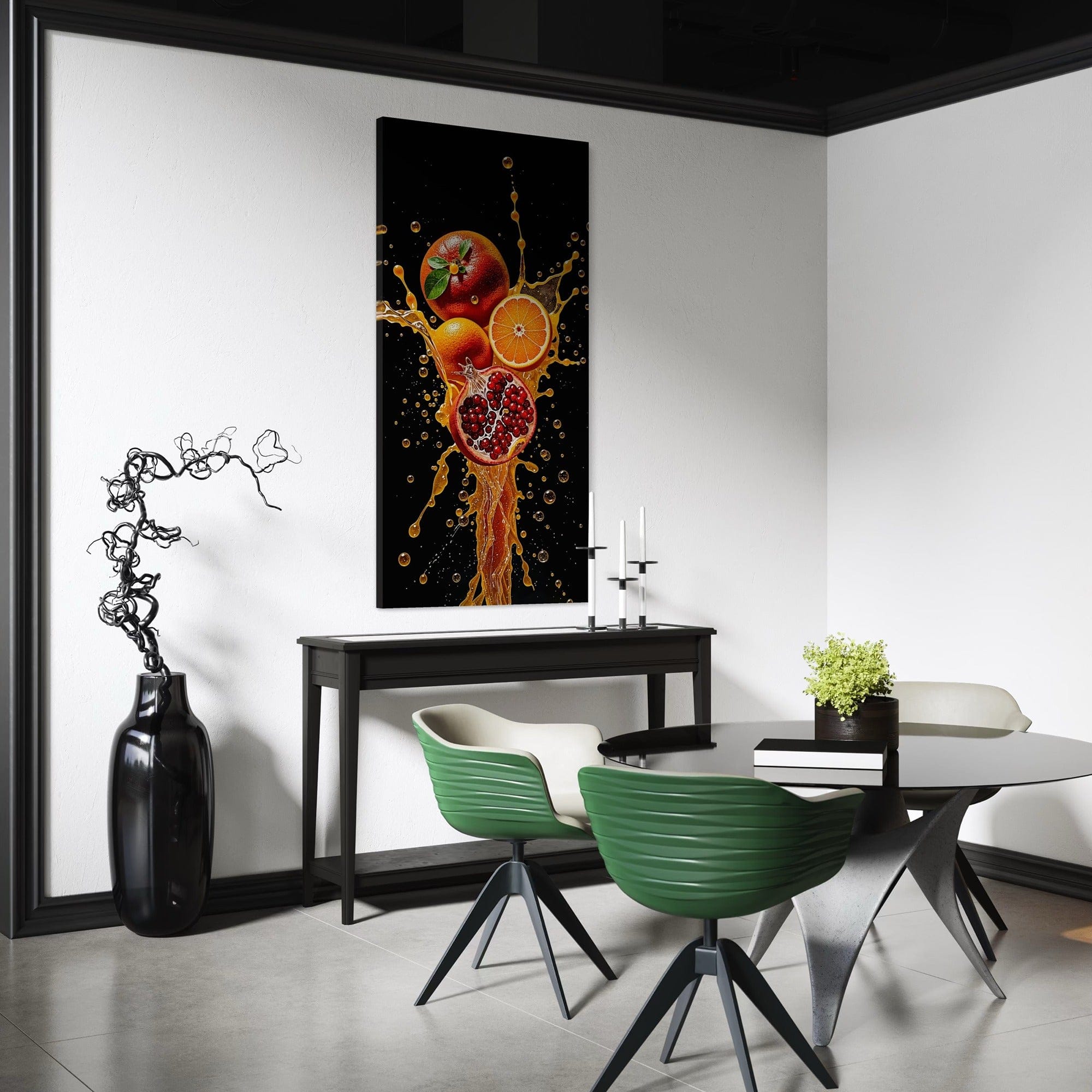 Minimal white wall with framed citrus canvas, vertical orientation