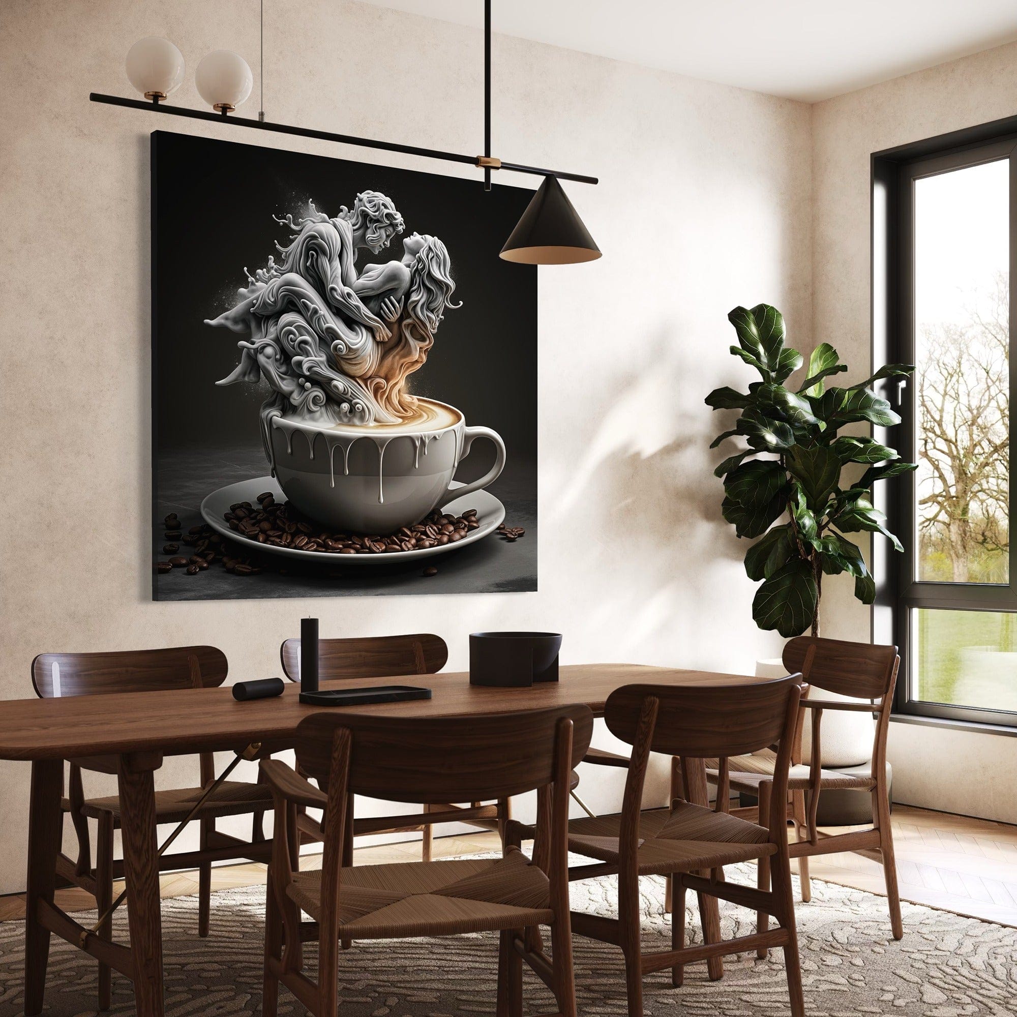 Café décor—romantic latte art lovers canvas on dark background
