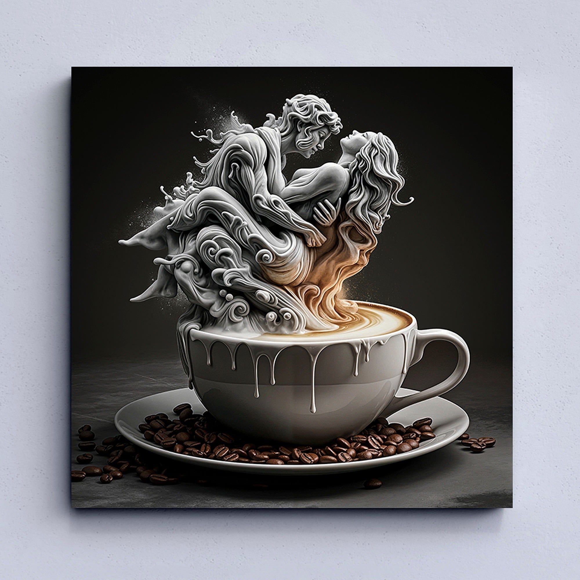 Coffee Passion canvas wall art with sculpted latte figures in cup