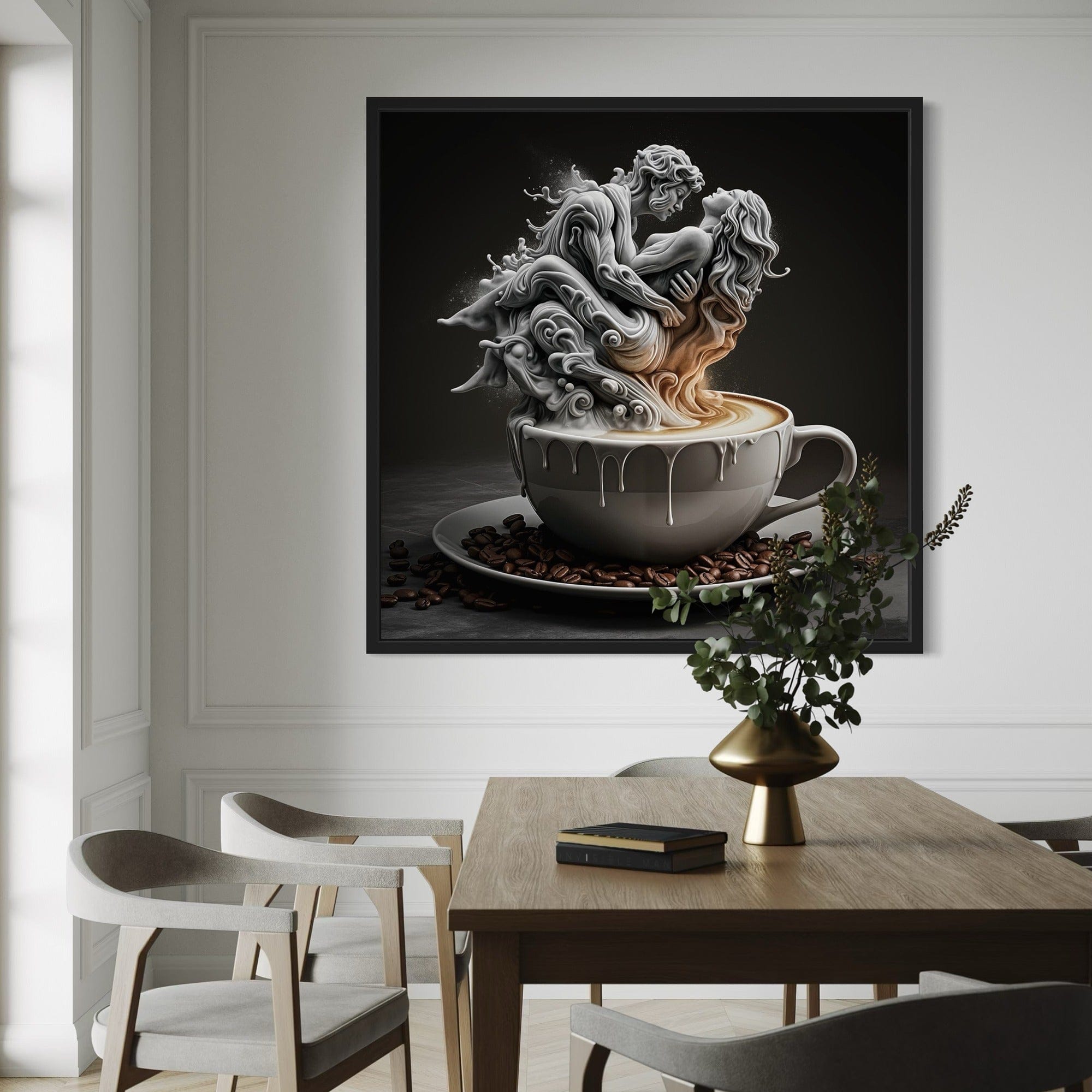 Framed Coffee Passion print hanging in modern dining room