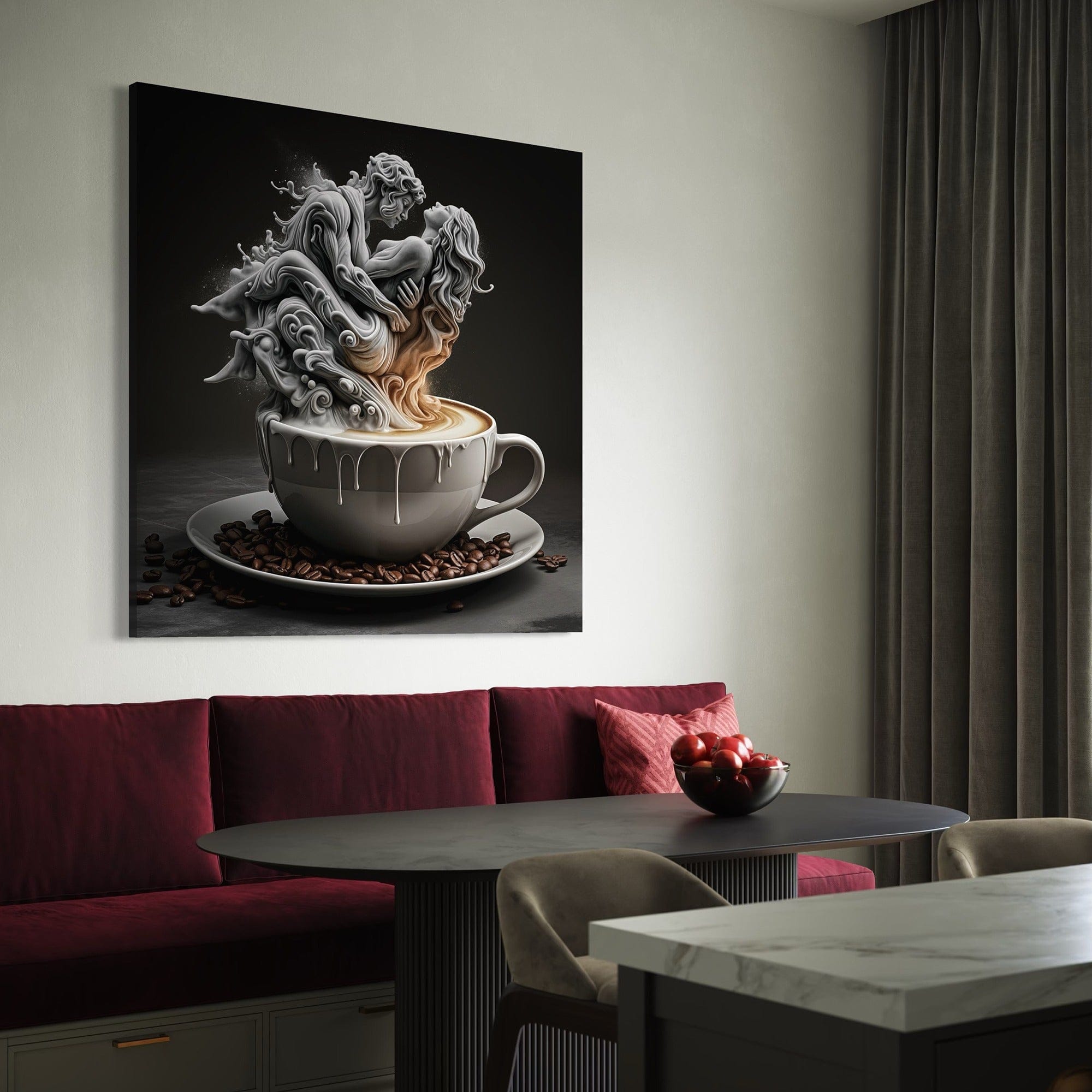 Size/scale view—square coffee art centered above table setting