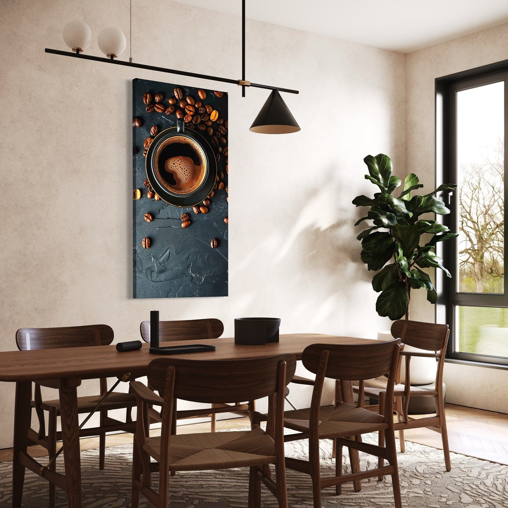 Coffee beans around black cup wall artwork